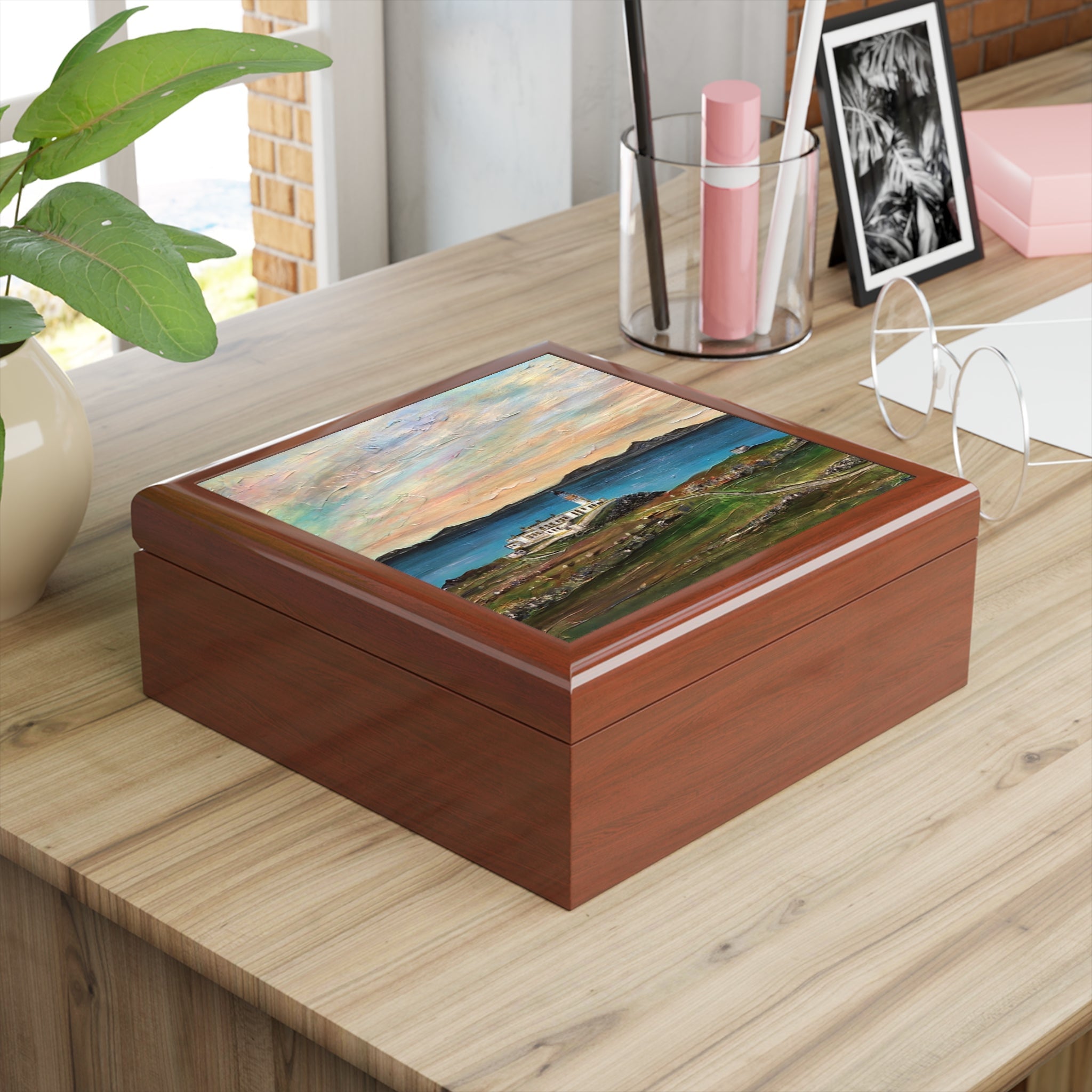 Brown wooden jewelry box with Neist Point Lighthouse Skye landscape on lid
