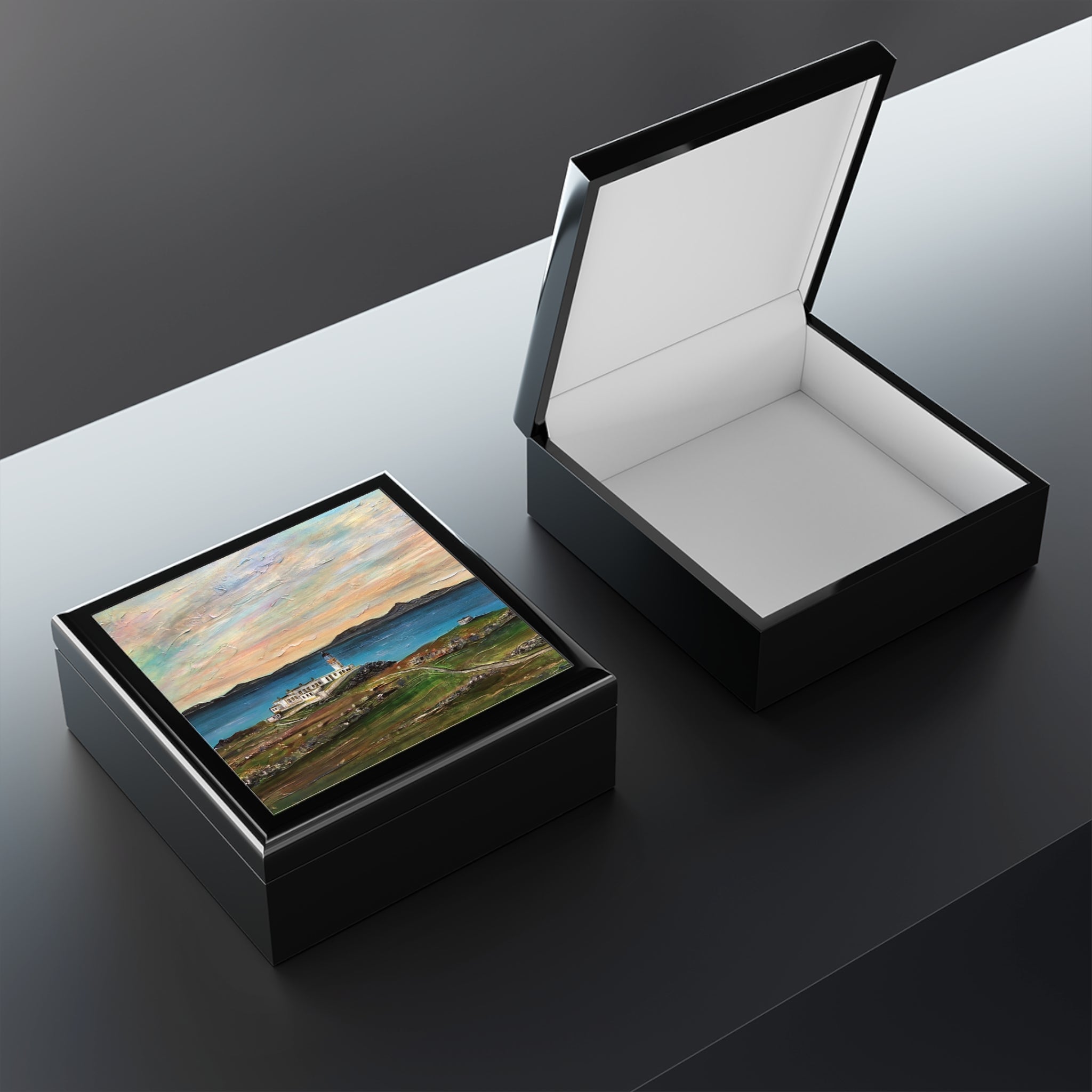 Neist Point Lighthouse Skye jewelry box with glossy black finish and coastal lid painting