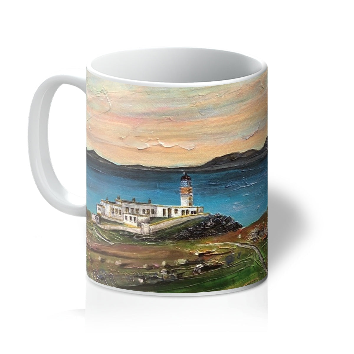White ceramic Neist Point Lighthouse Skye Mug with colorful lighthouse landscape painting