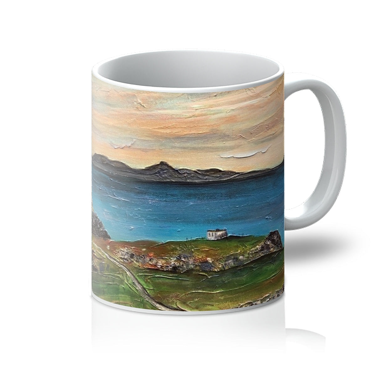 White ceramic Neist Point Lighthouse Skye Mug with impressionistic coastal landscape painting
