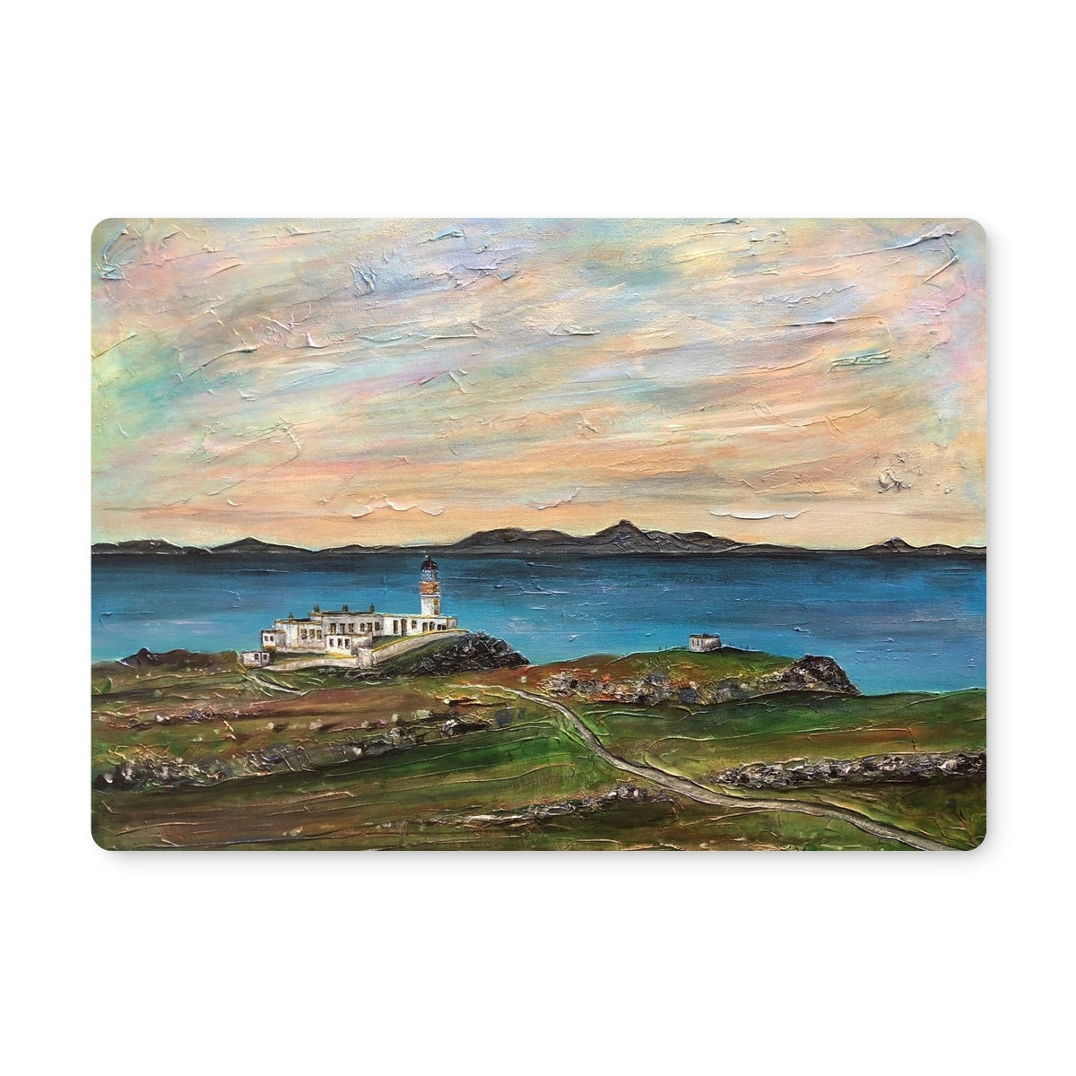 Vibrant oil painting of Neist Point Lighthouse Skye coastal landscape with colorful sky
