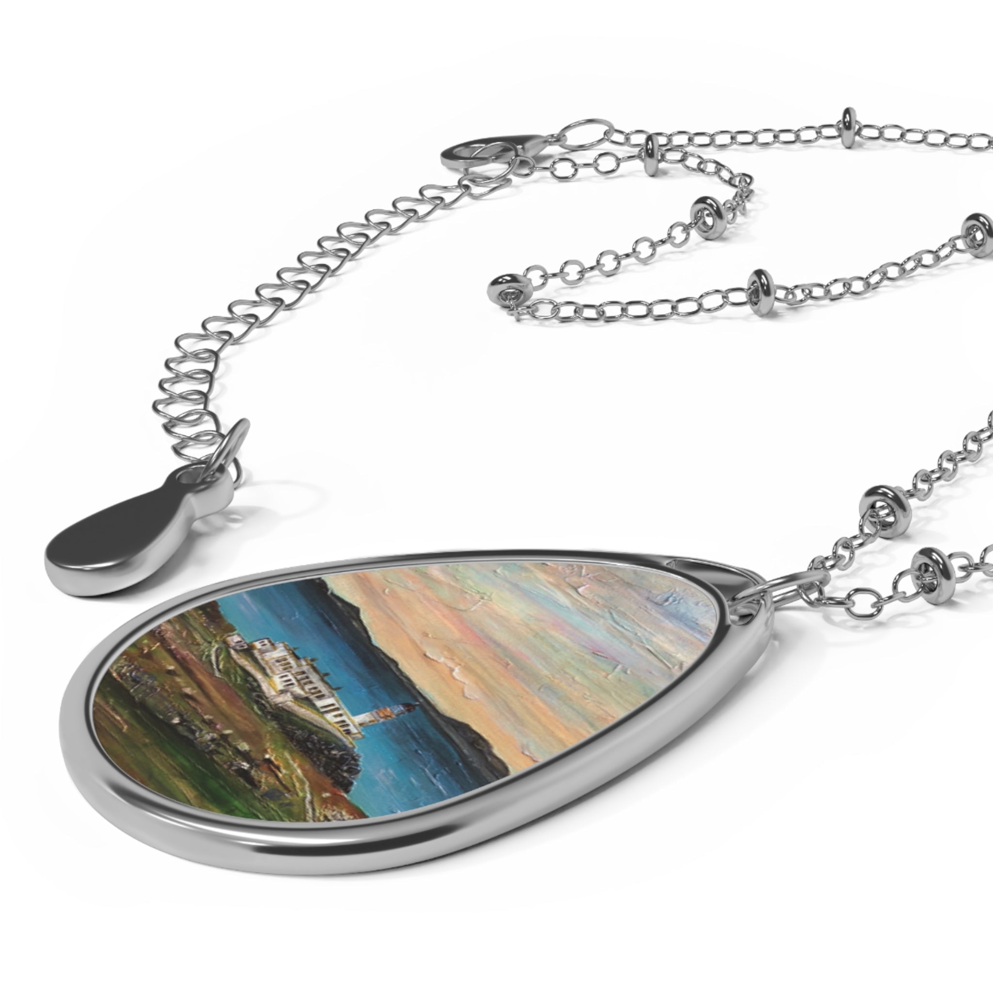 Silver Neist Point Lighthouse pendant necklace with coastal Skye scene