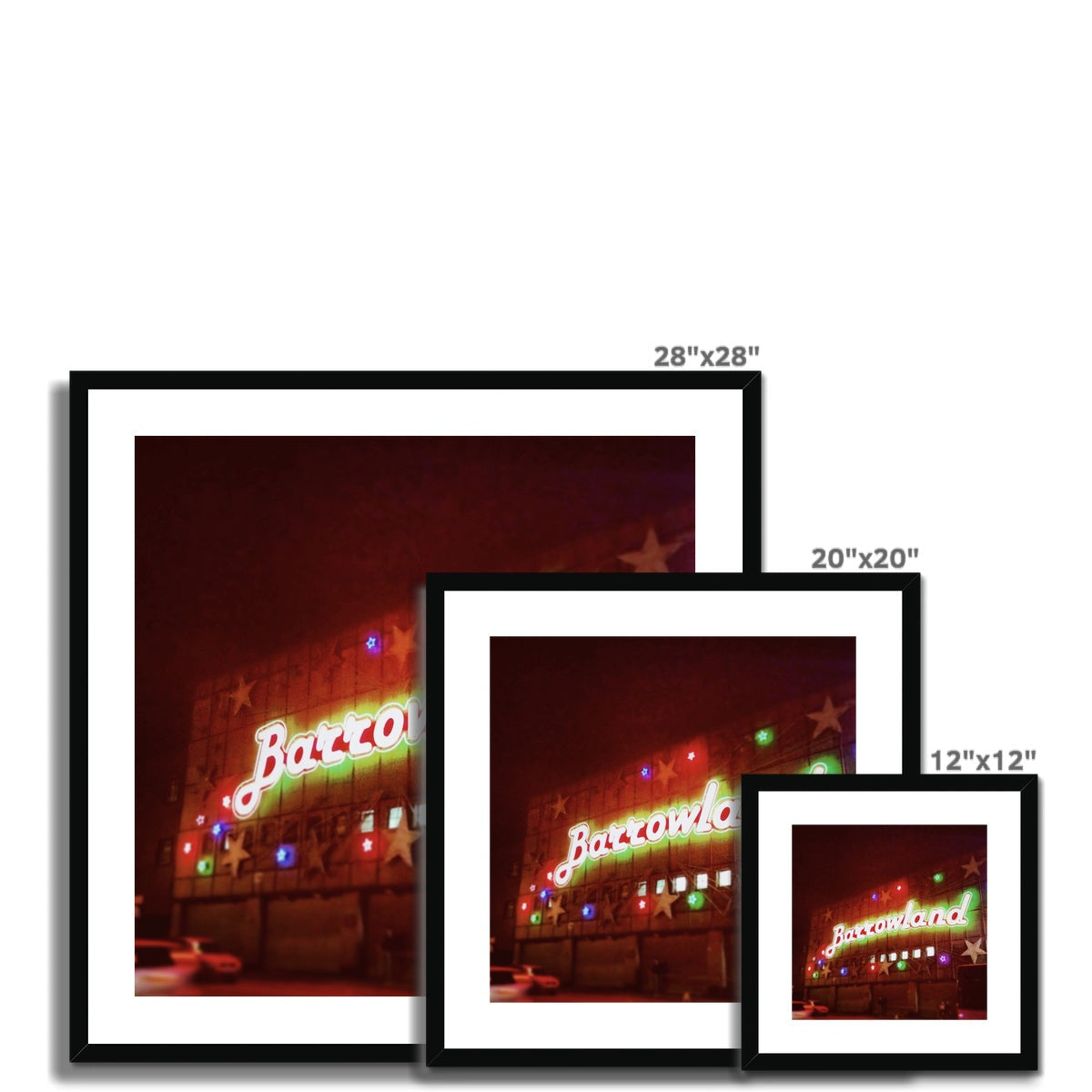 Glowing green and red neon barnowl sign framed print from Glasgow Barrowlands