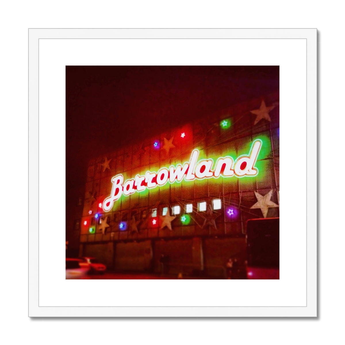Vibrant neon Barrowland sign in green and red, framed print