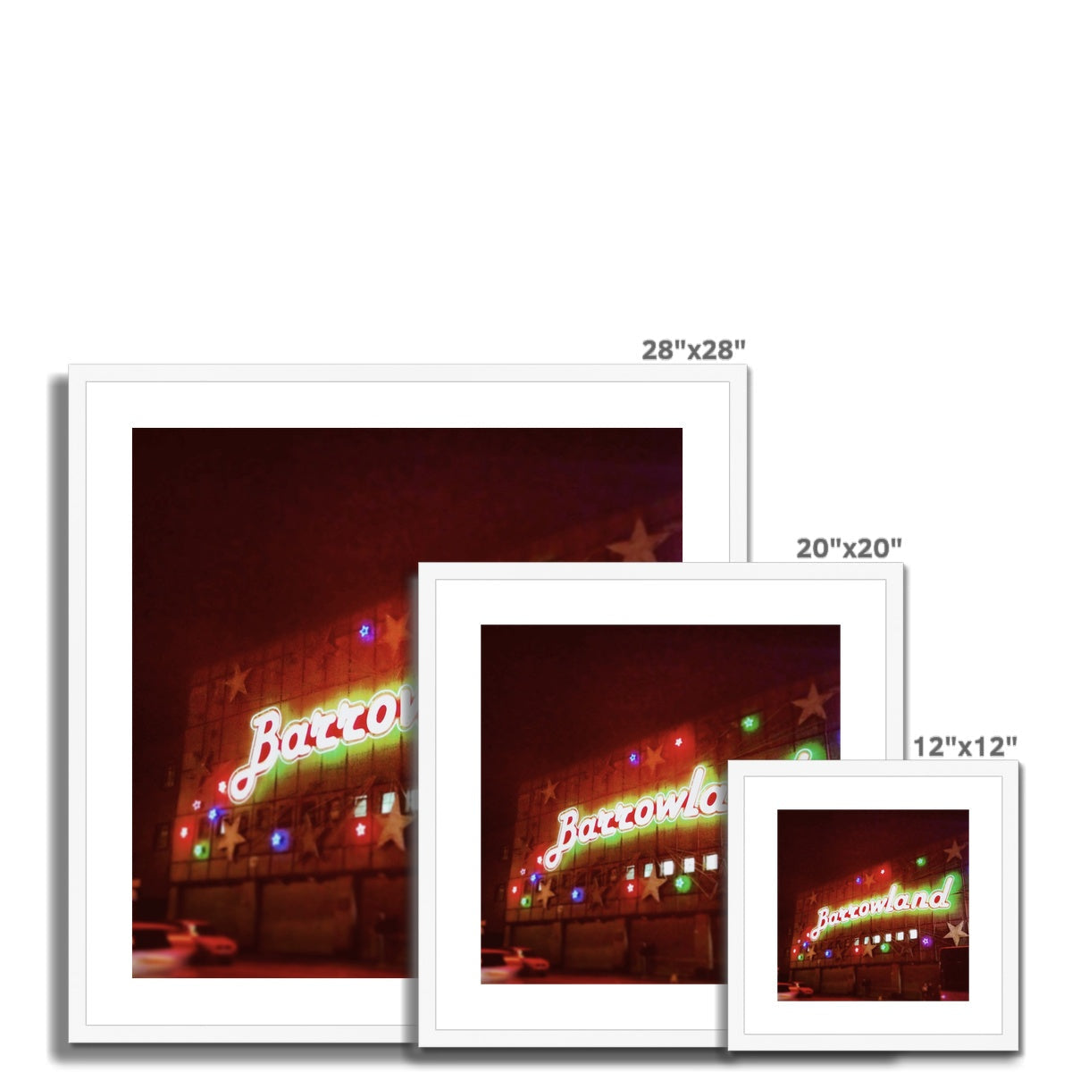 Neon-lit barn owl sign glowing green and red on Glasgow Barrowlands facade