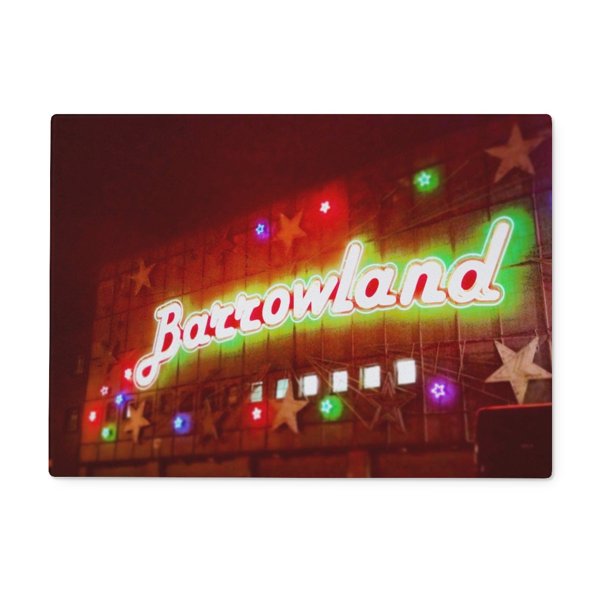 Neon Glasgow Barrowlands glass chopping board with glowing green red sign