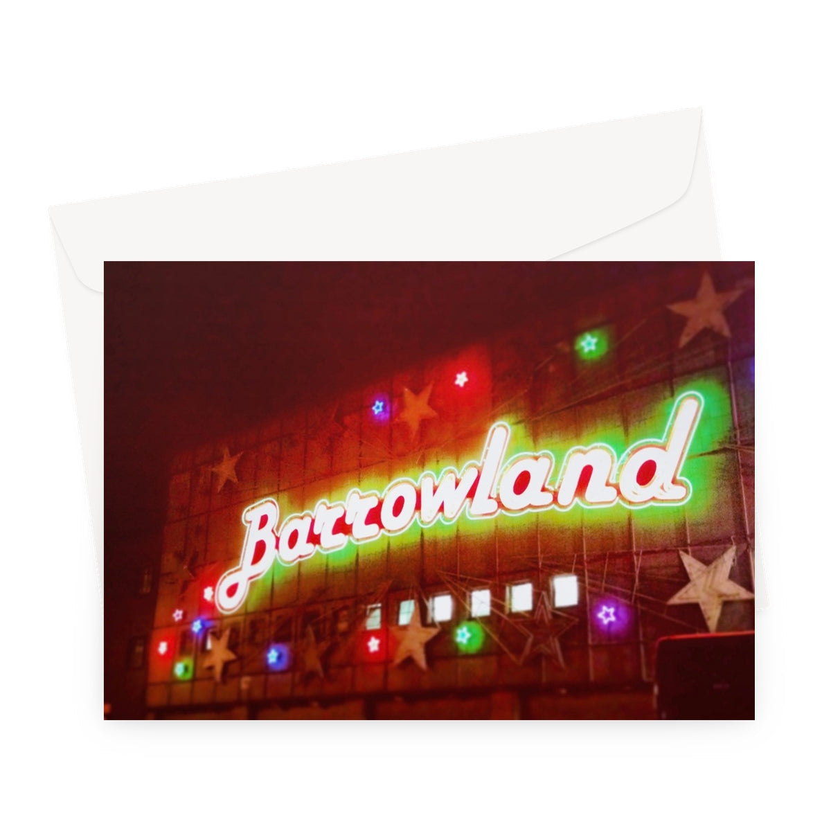 Vibrant neon Barrowland sign in red, green, yellow lights on Glasgow greeting card