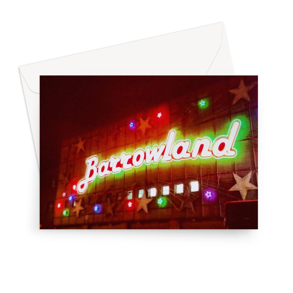 Vibrant Neon Glasgow Barrowlands Greeting Card with Glowing Sign