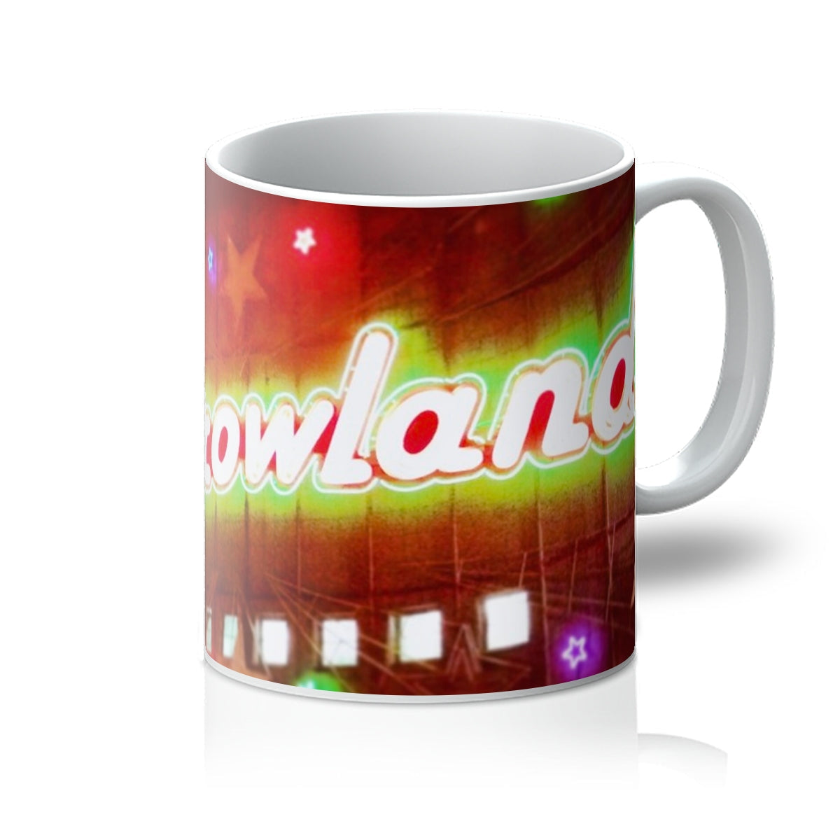 Neon Glasgow Barrowlands mug with glowing owland logo on colorful gradient background