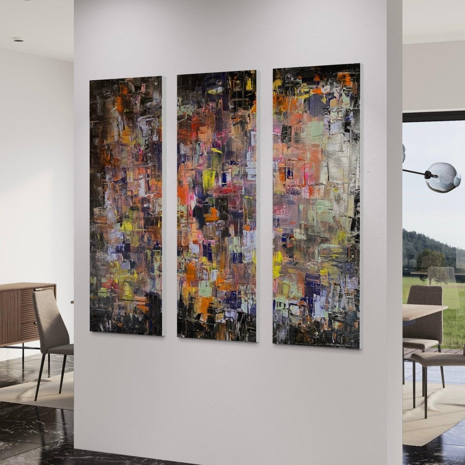 Three colorful abstract paintings with thick brushstrokes on a white wall in Never Enough Triptych