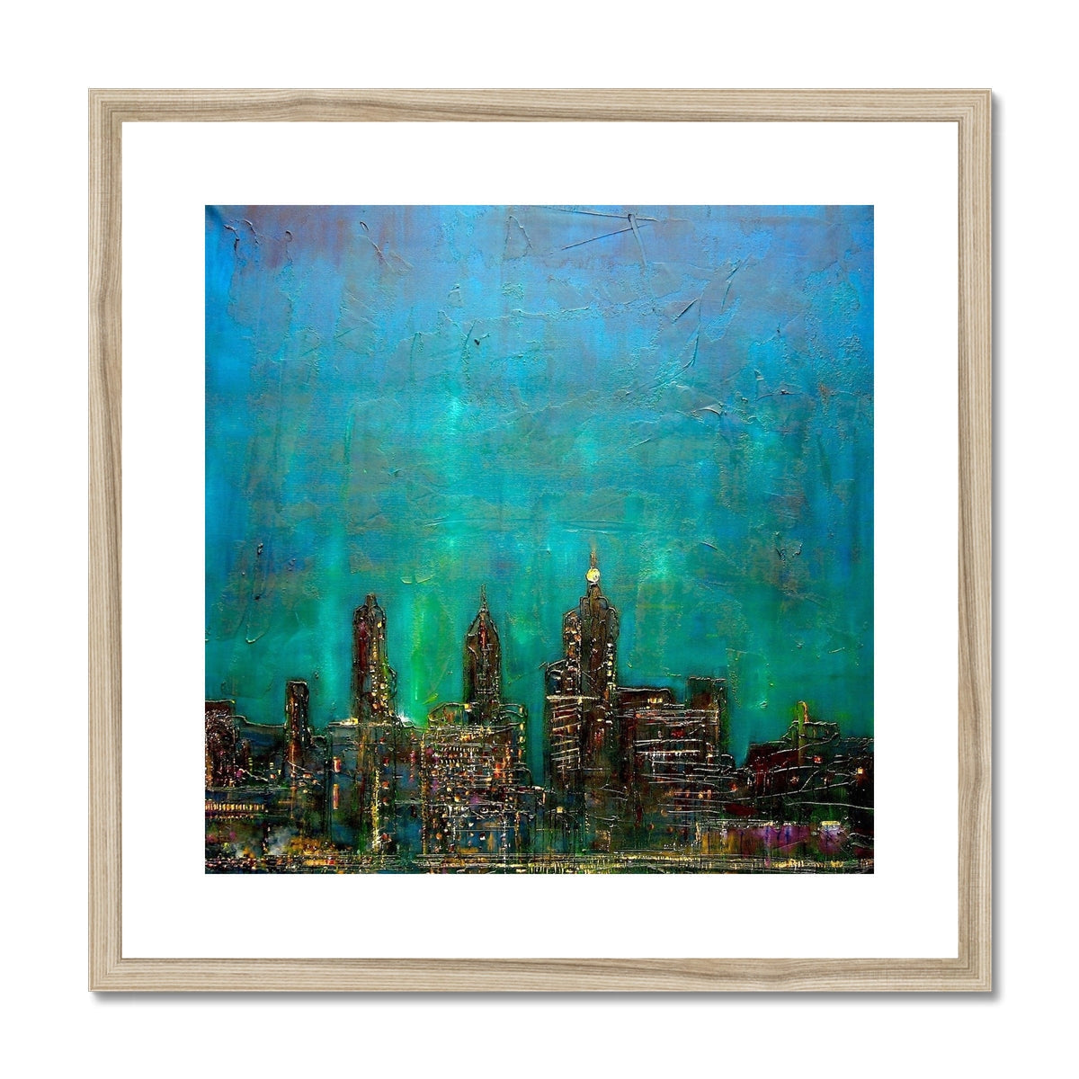 New York Nights wooden-framed cityscape print in teal blue hues