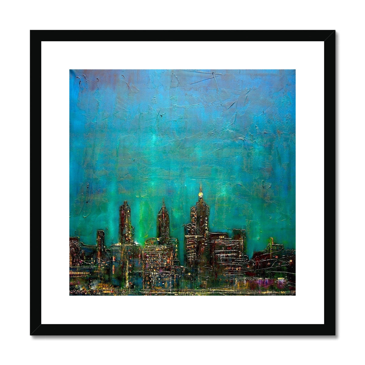 Black framed New York Nights art print in teal blue hues