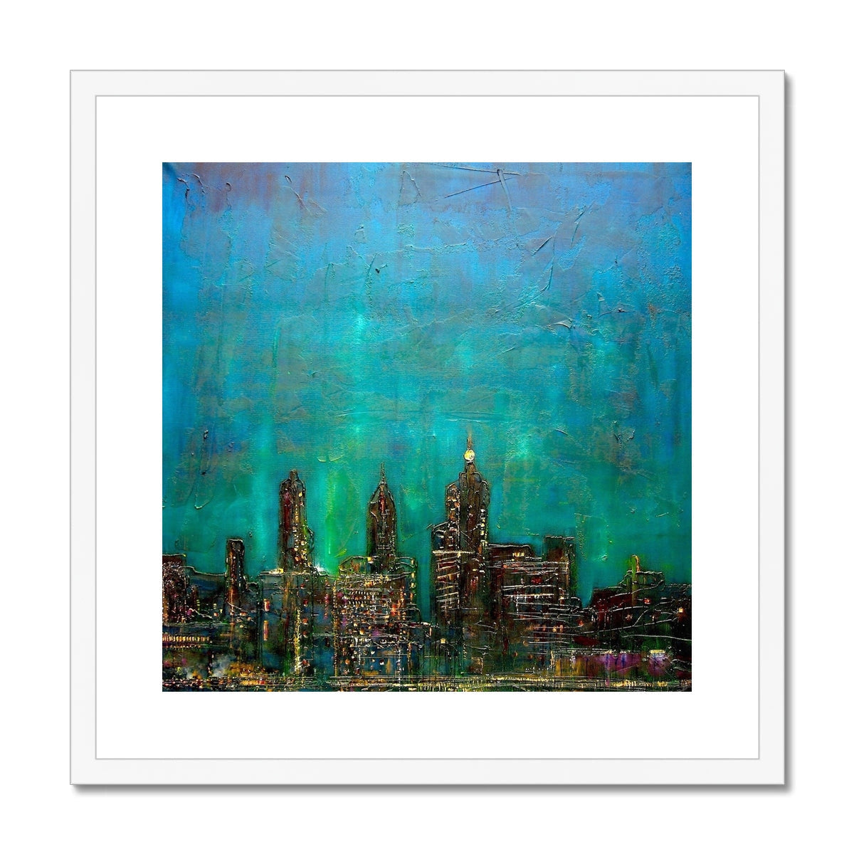 Teal and blue abstract New York Nights cityscape print in white frame