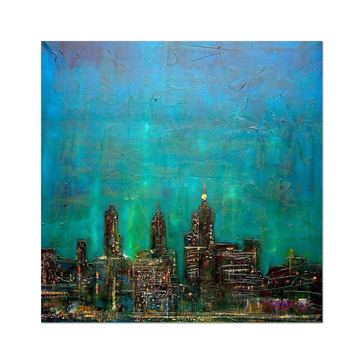 Teal and green abstract New York Nights cityscape puzzle print with metallic accents