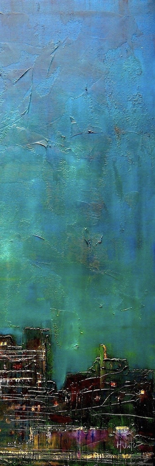 Textured abstract painting of New York City at night under a blue-green sky for New York Nights Triptych wall art