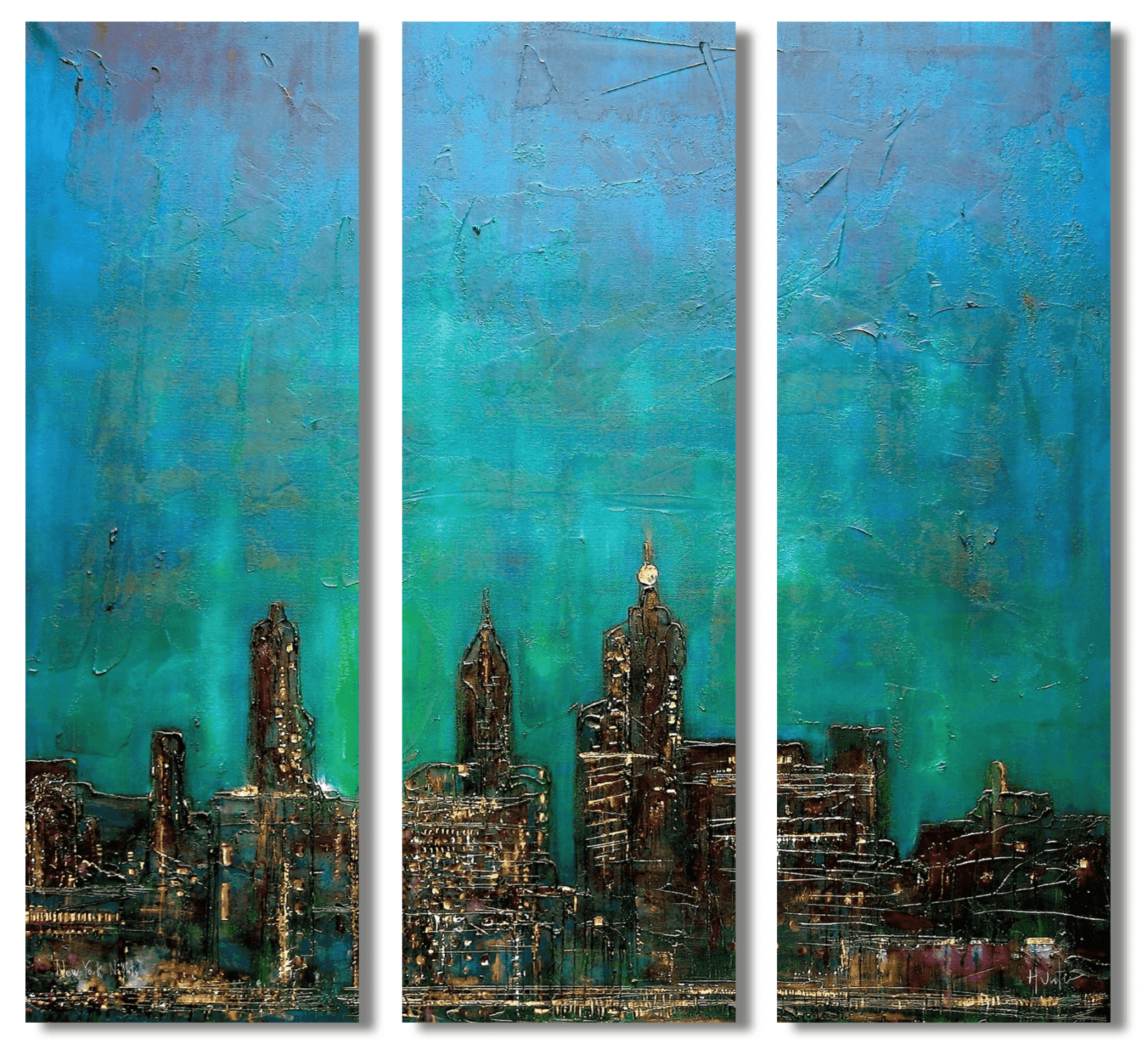 Abstract cityscape triptych artwork for New York Nights Statement Wall Art from Scotland