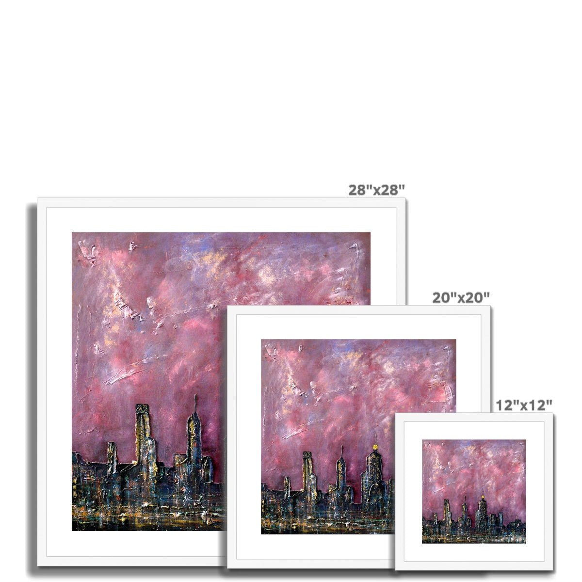 28x28 Framed New York Snow Art Print with Pink Purple Sky Silhouettes
