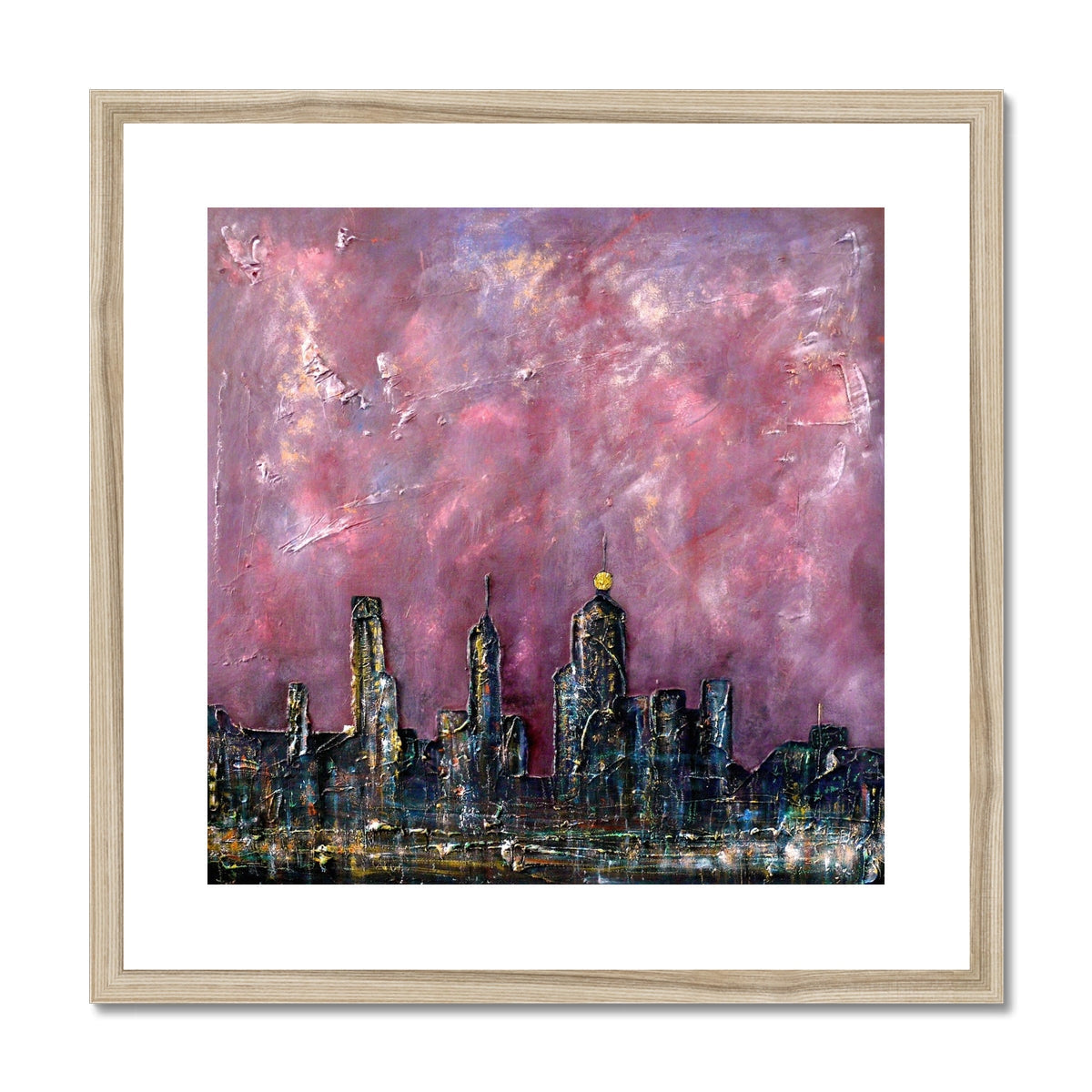 Modern New York Snow Art Print: Wooden Framed Cityscape in Pink Purple