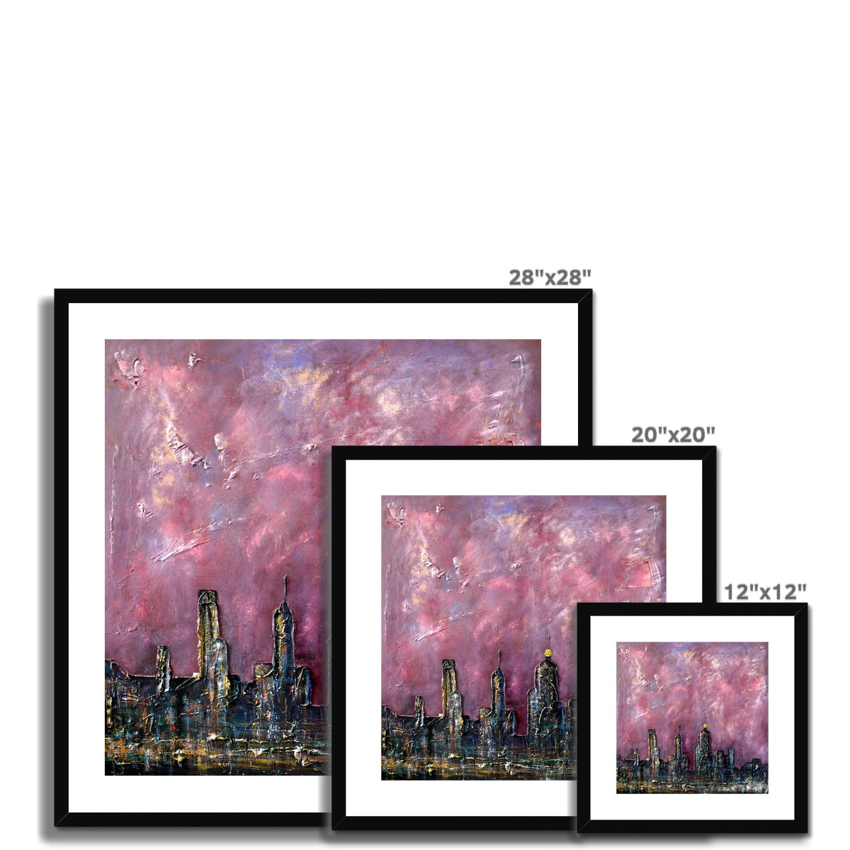 28x28 Framed New York Snow Cityscape Art in Pink Purple Hues Black Frame