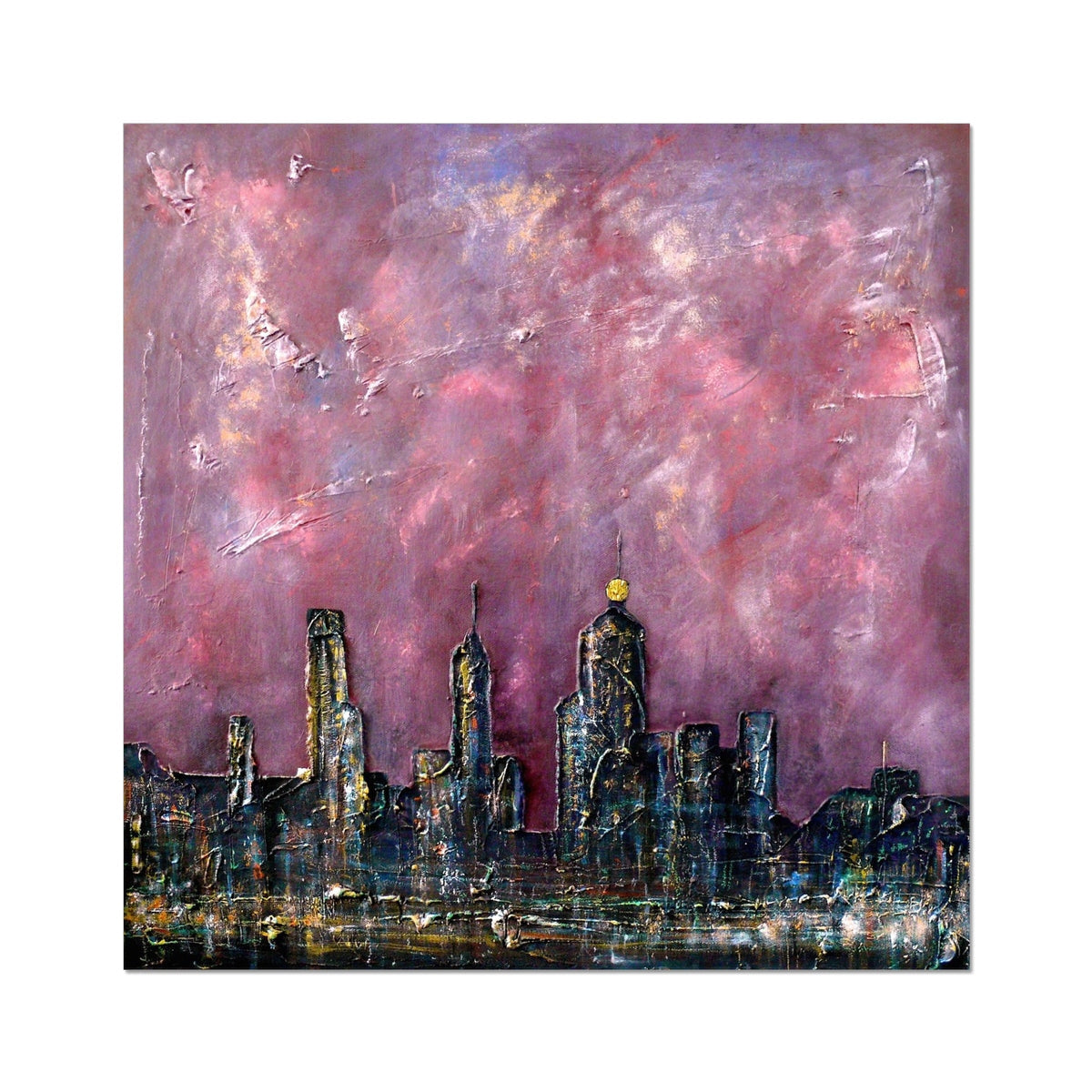 Abstract New York snow cityscape print in pink purple hues