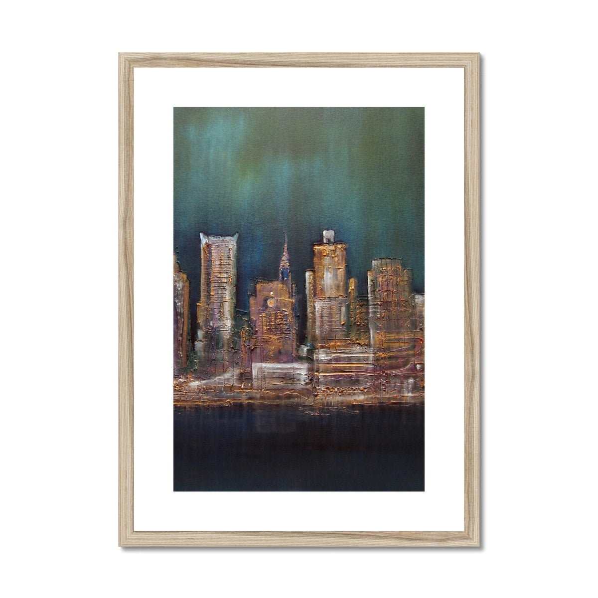 Modern New York West Side wooden framed cityscape art print in teal and black