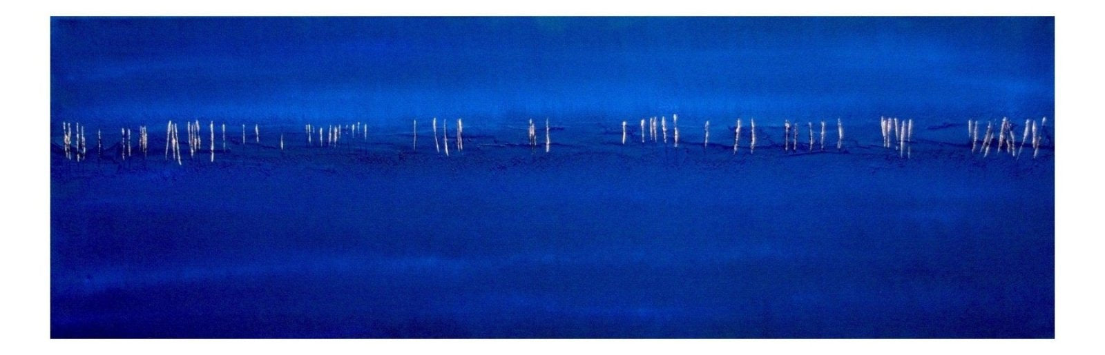 Deep blue abstract painting with shimmering white vertical strokes for The Night Lament Panoramic Prints