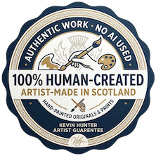 Logo with text '100% Human-Created, Artist-Made in Scotland' and branding details.