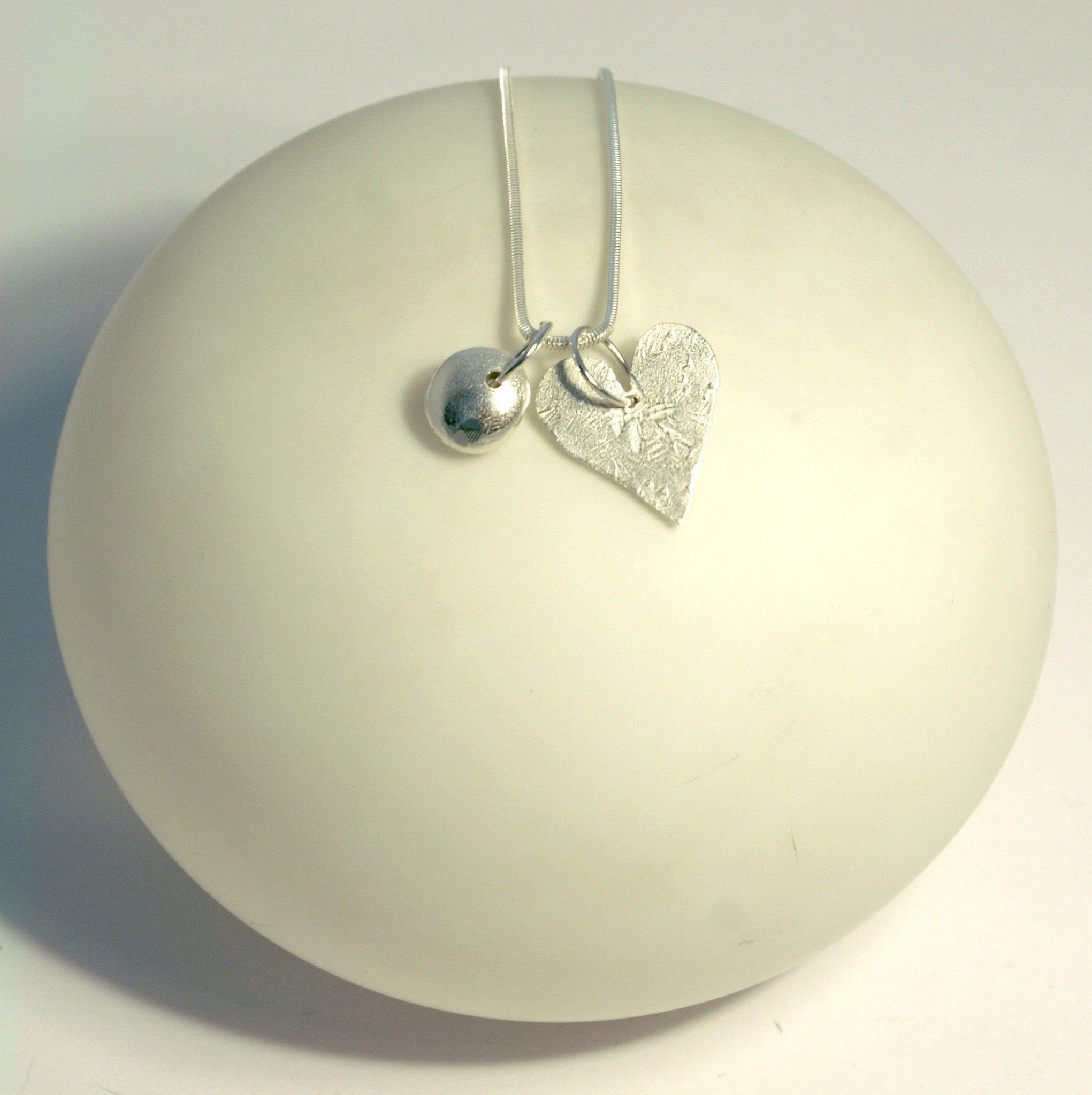 Silver textured heart and nugget pendant necklace by Genna Miller Jewellery