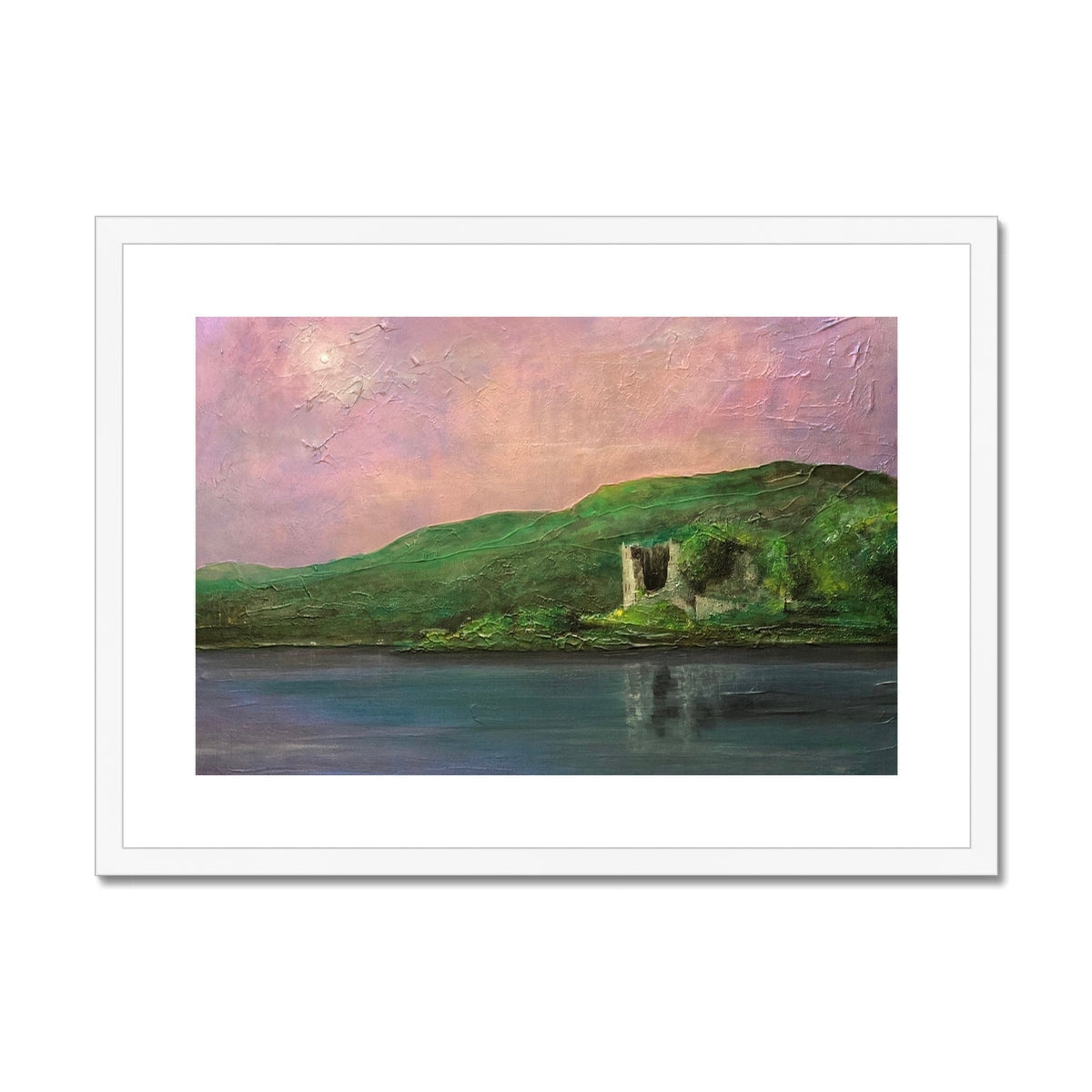 Framed waterside ruin painting at sunset in Old Castle Lachlan print display