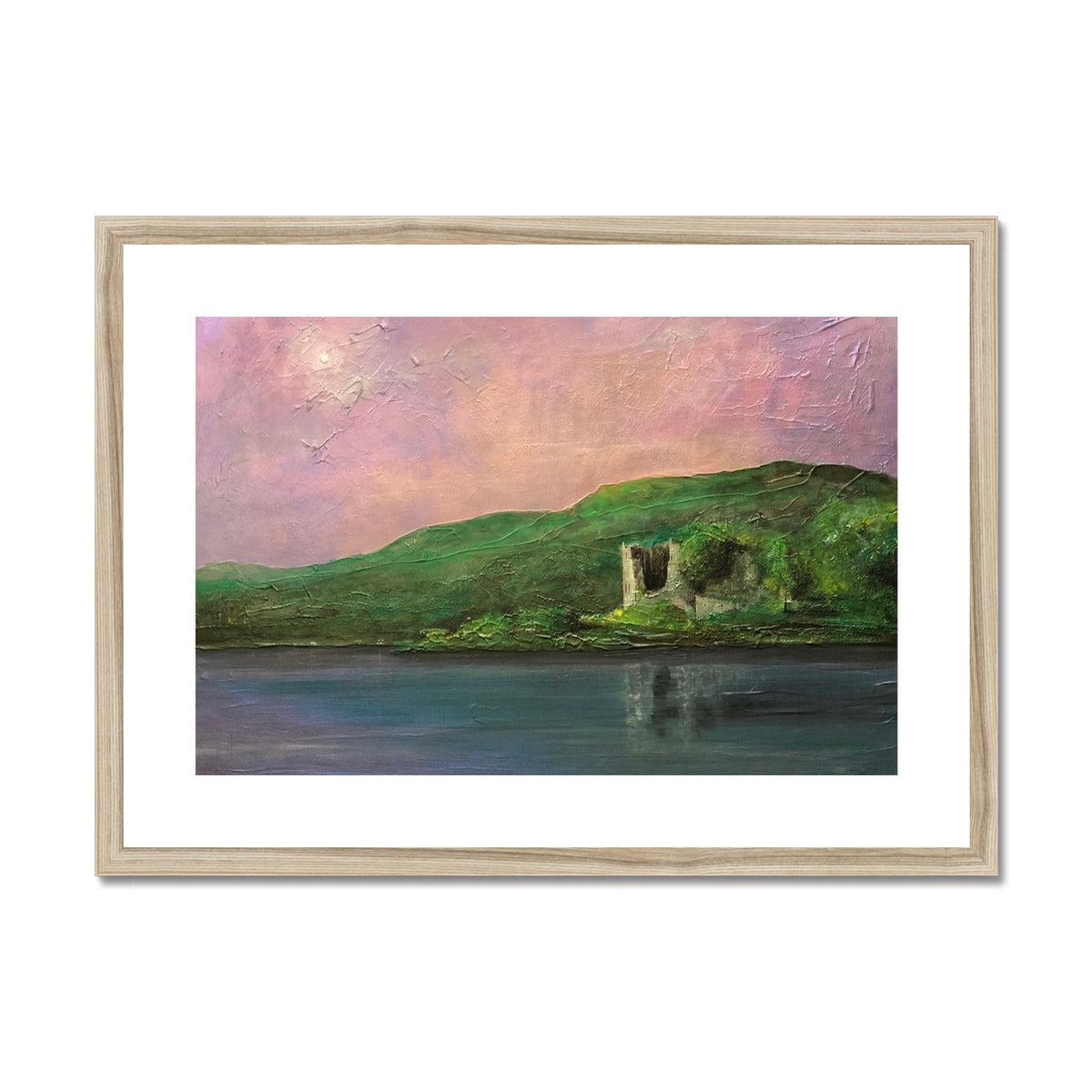 Framed landscape print of a castle ruin by a lake in the Old Castle Lachlan collection