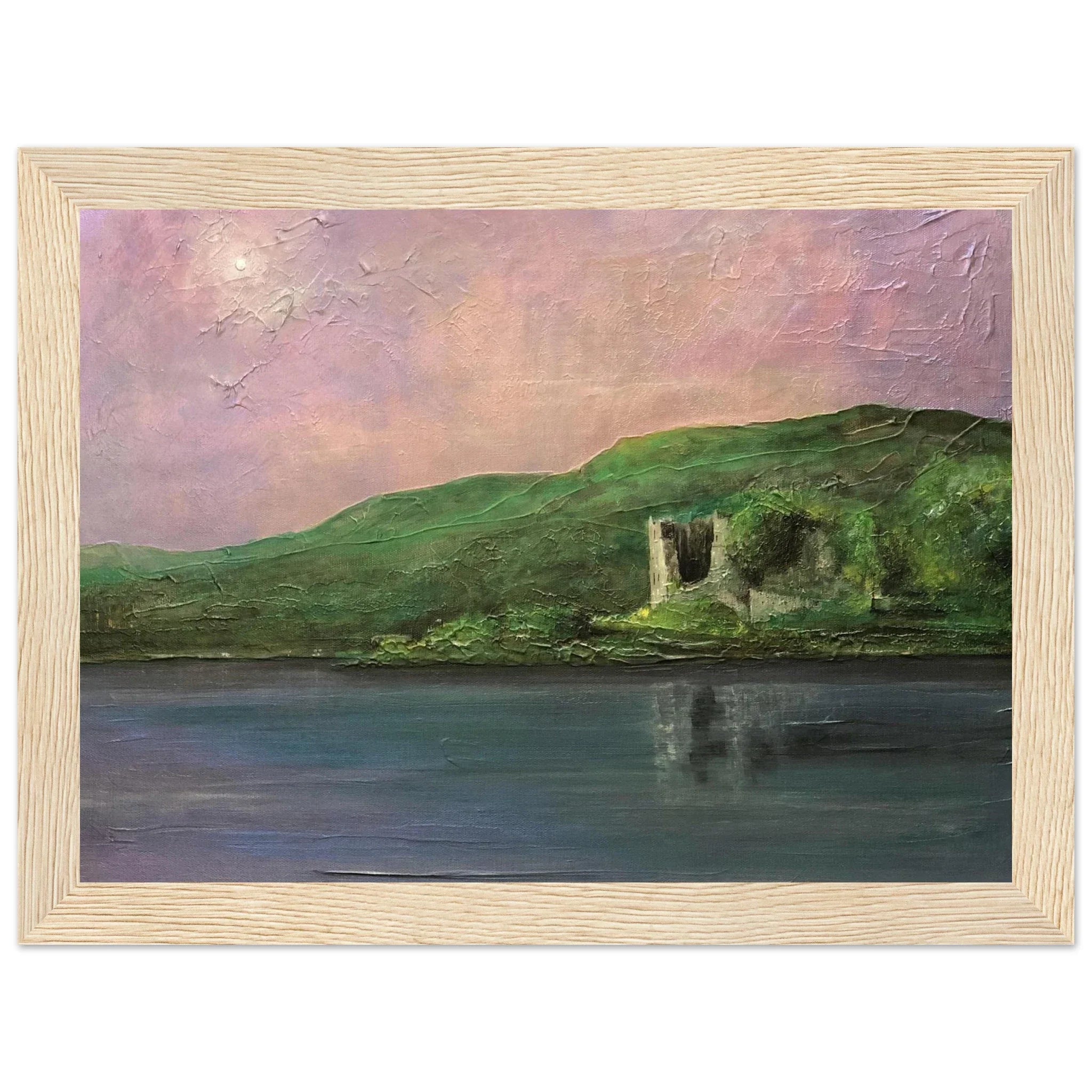 Old Castle Lachlan serene oil painting in light wood frame