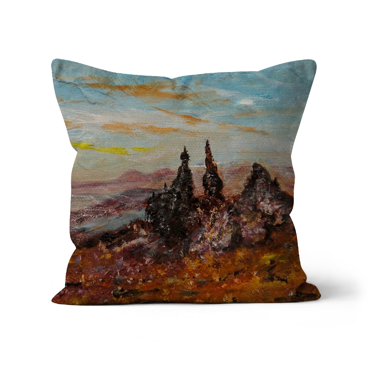 The Old Man Of Storr cushion with sunset rock landscape design