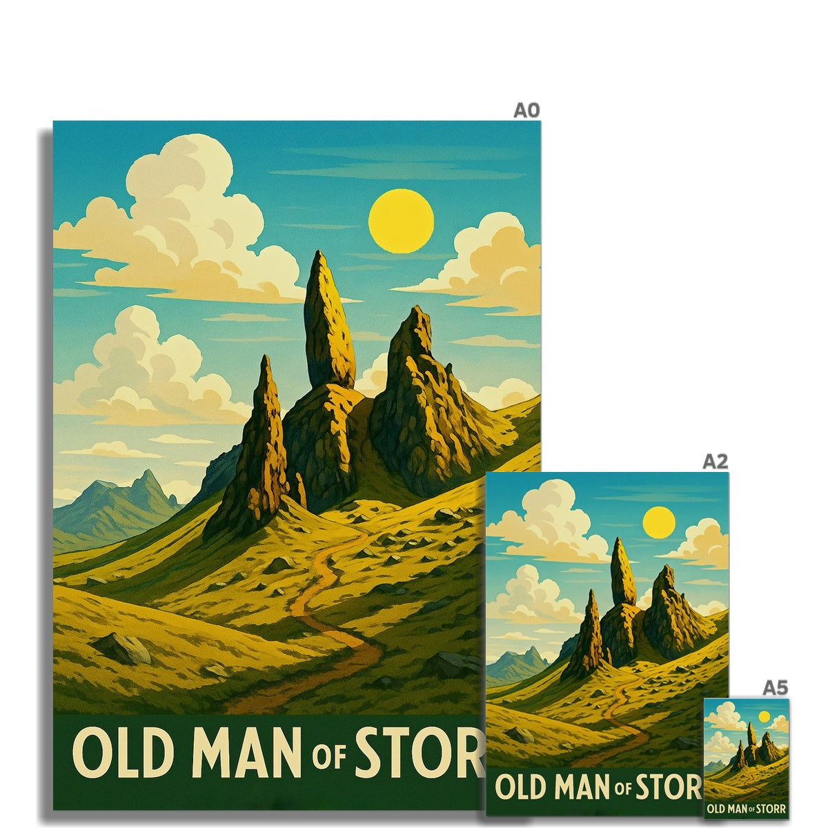 Vintage Old Man of Storr poster print in green yellow scheme