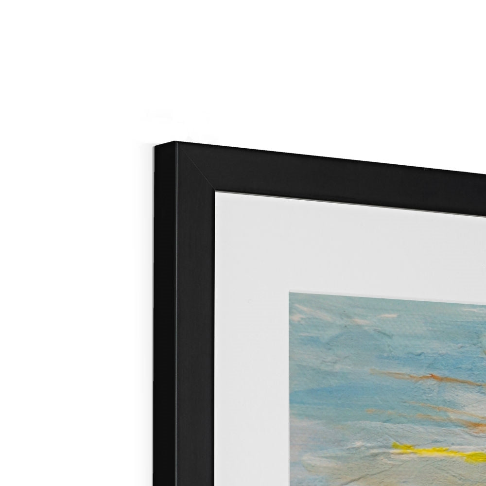 Black rectangular frame with white mat and The Old Man of Storr abstract print