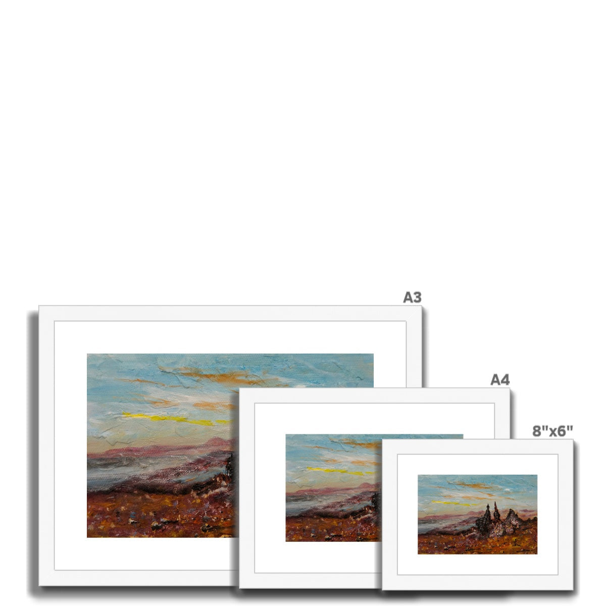 White framed Old Man of Storr landscape print in earthy tones