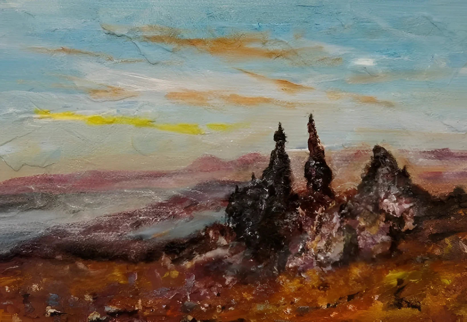 Impasto landscape painting of The Old Man Of Storr displayed in artwork product