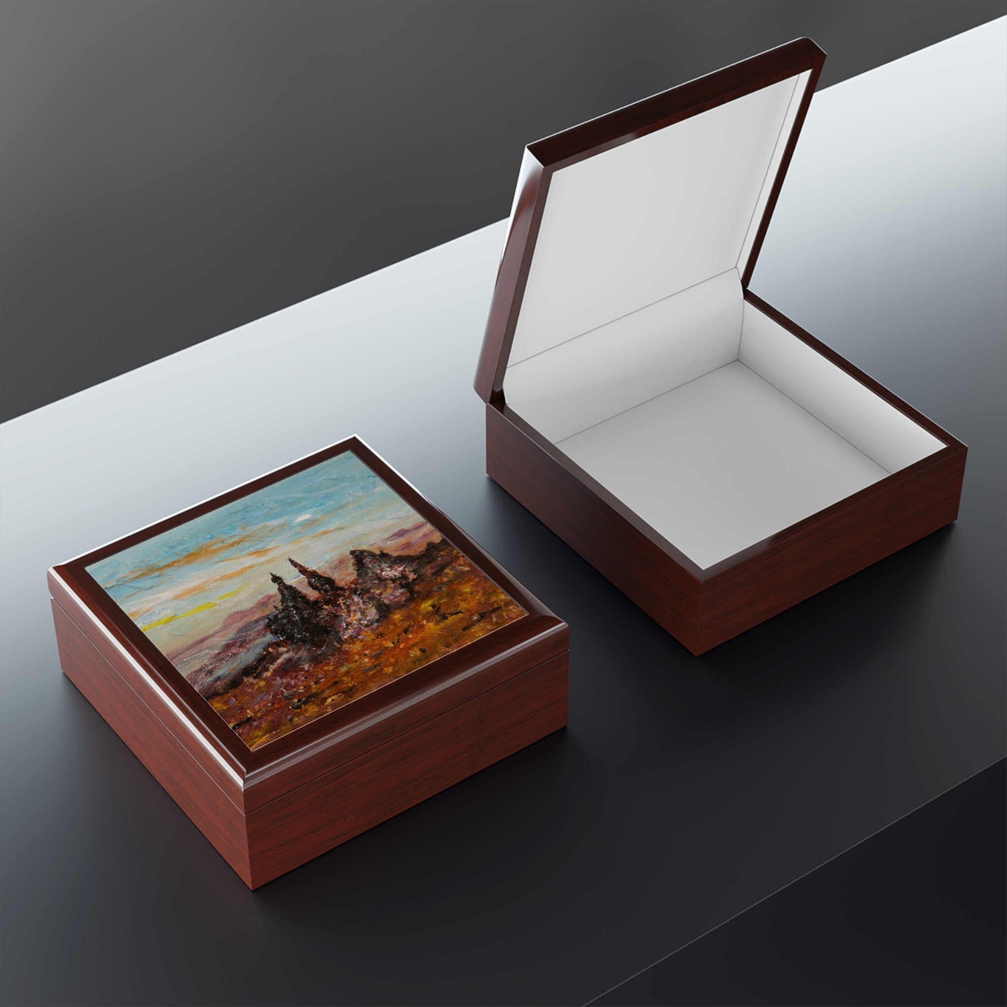 Lacquered wooden keepsake boxes with landscape painting, one open and one closed, Scotland