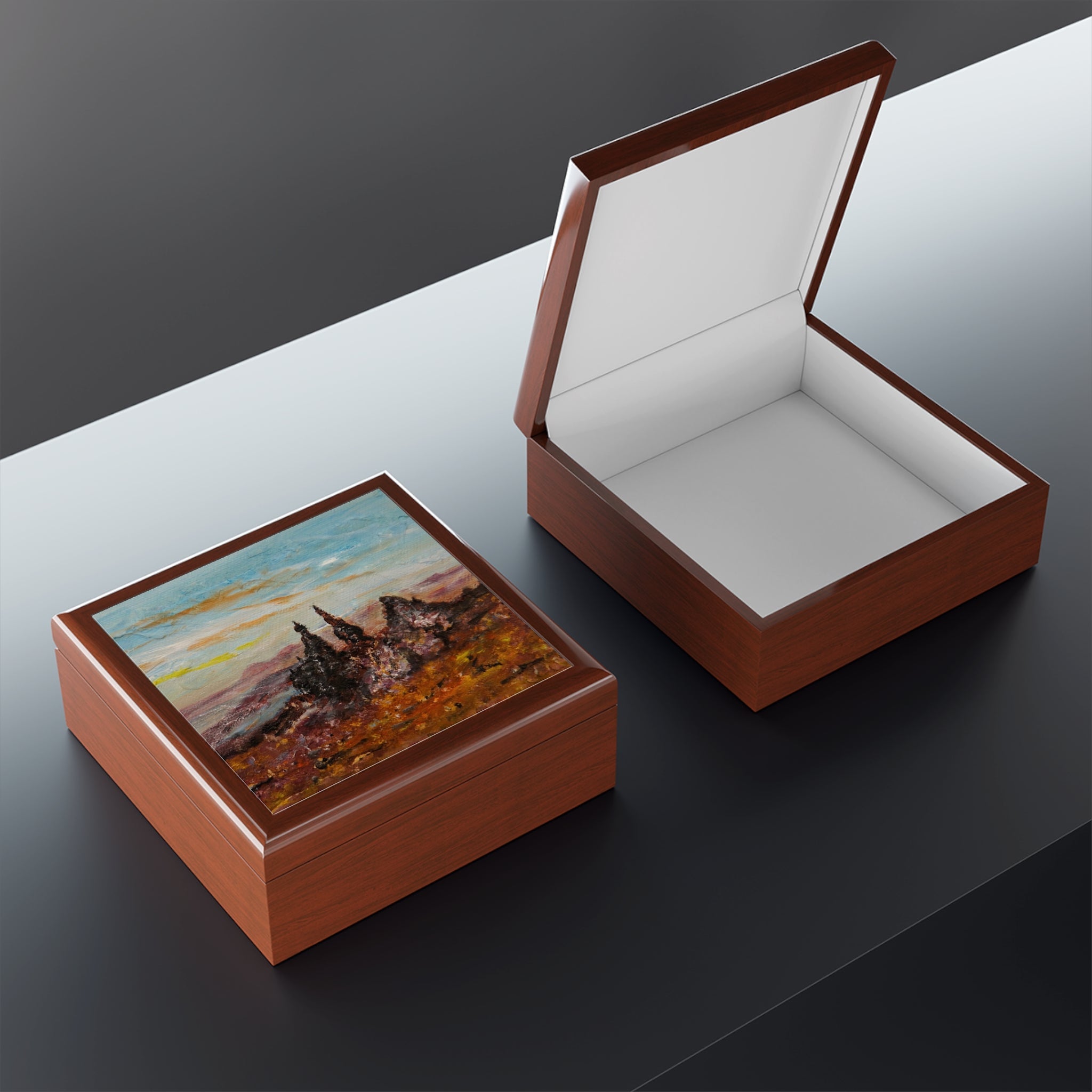 Wooden keepsake boxes with landscape painting and white interior lining Scotland Scotland