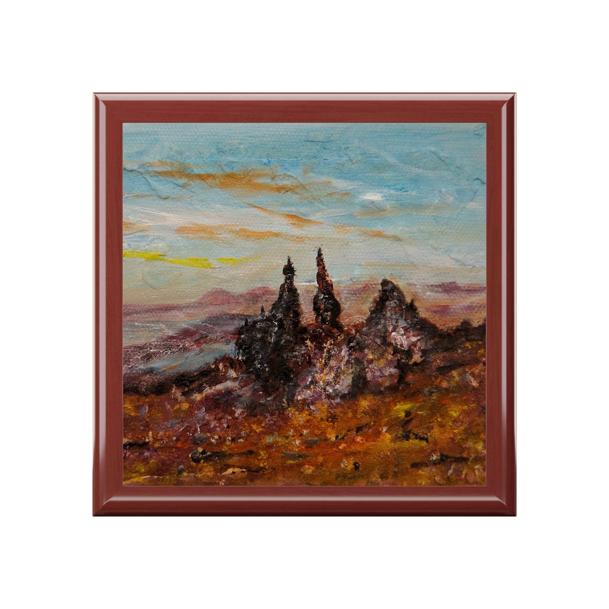 Square wooden jewellery box with impressionistic Rocky landscape painting lid Scotland