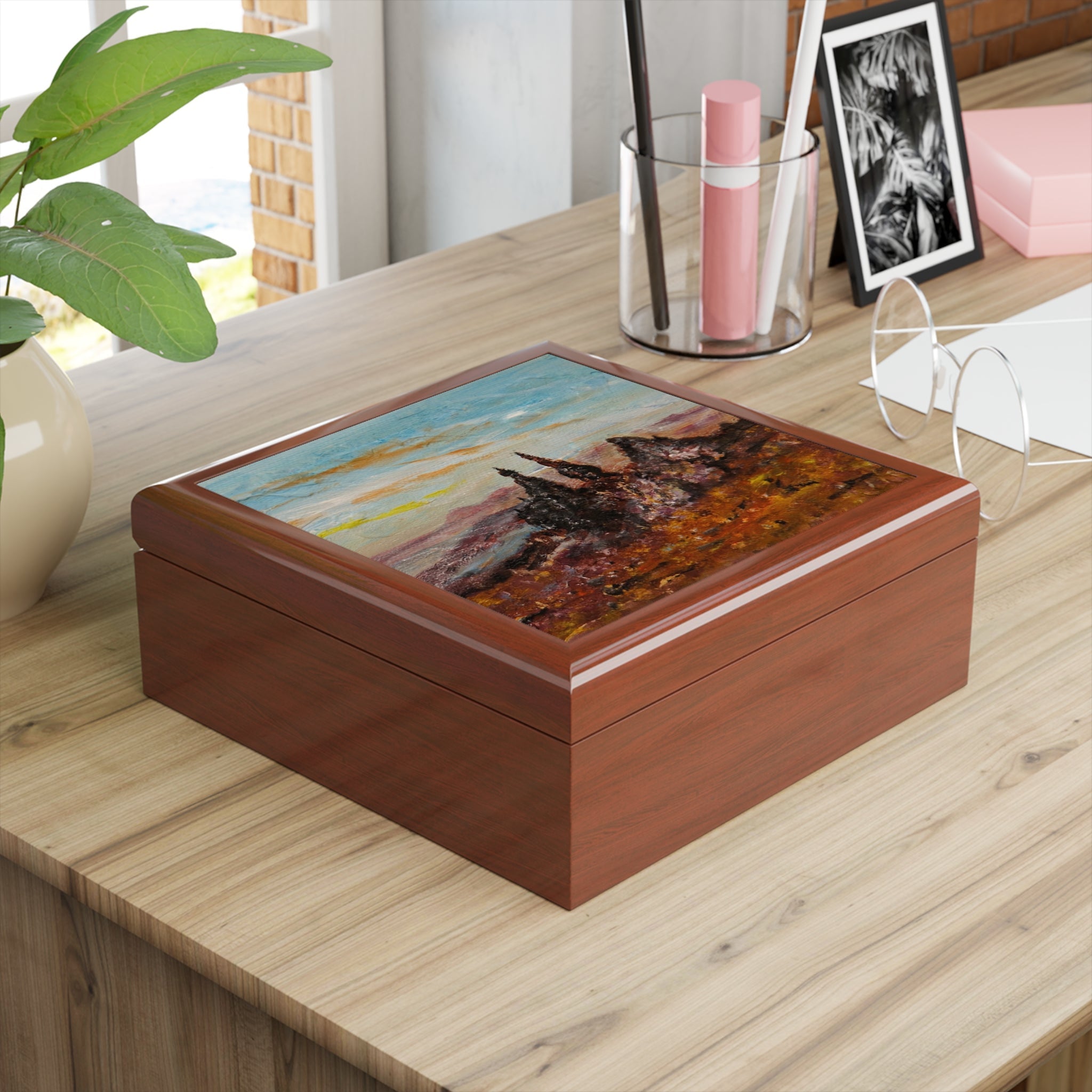 Rectangular wooden keepsake box featuring a vibrant landscape painting of The Old Man Of Storr Skye Scotland