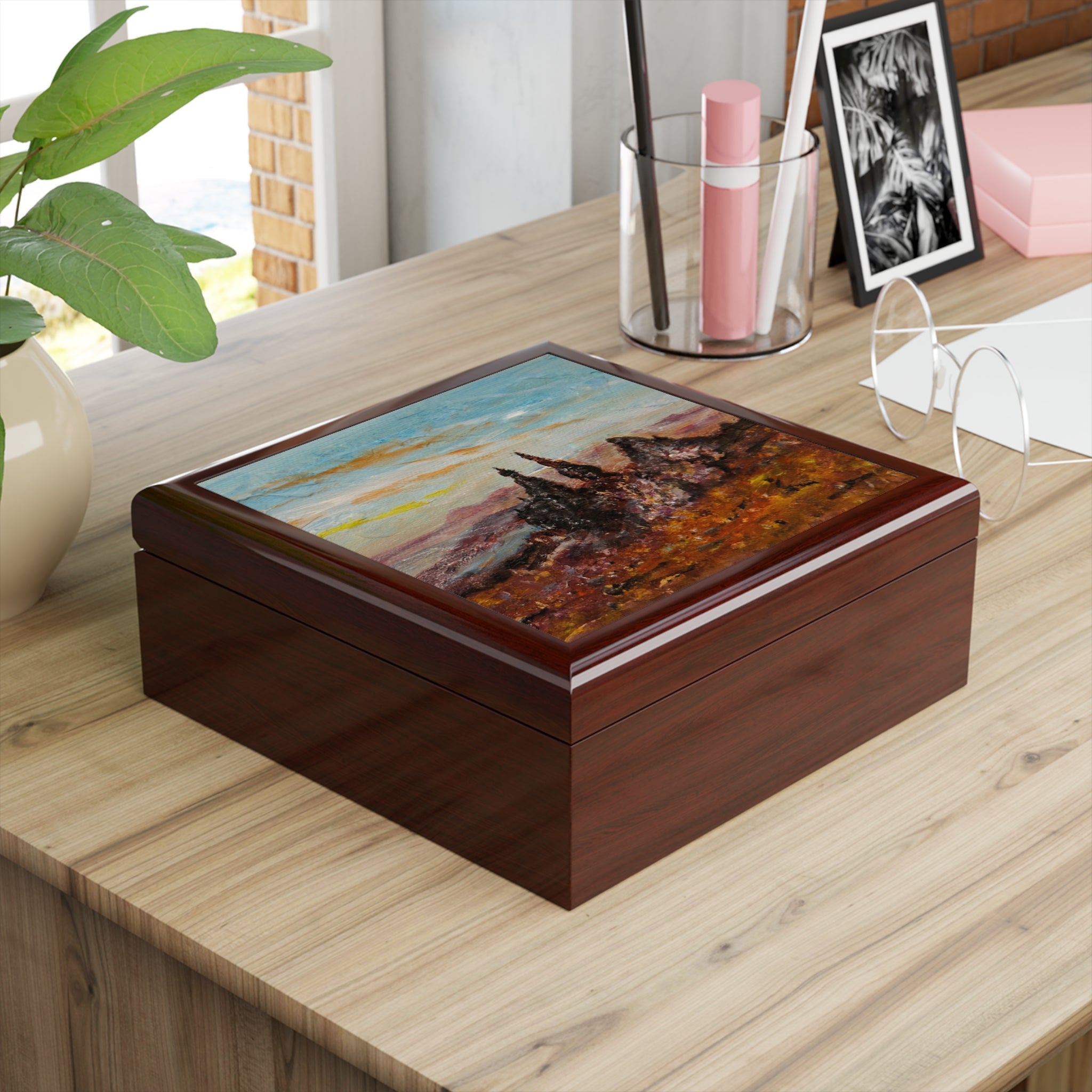 Decorative wooden keepsake box with vibrant landscape painting of The Old Man Of Storr Skye