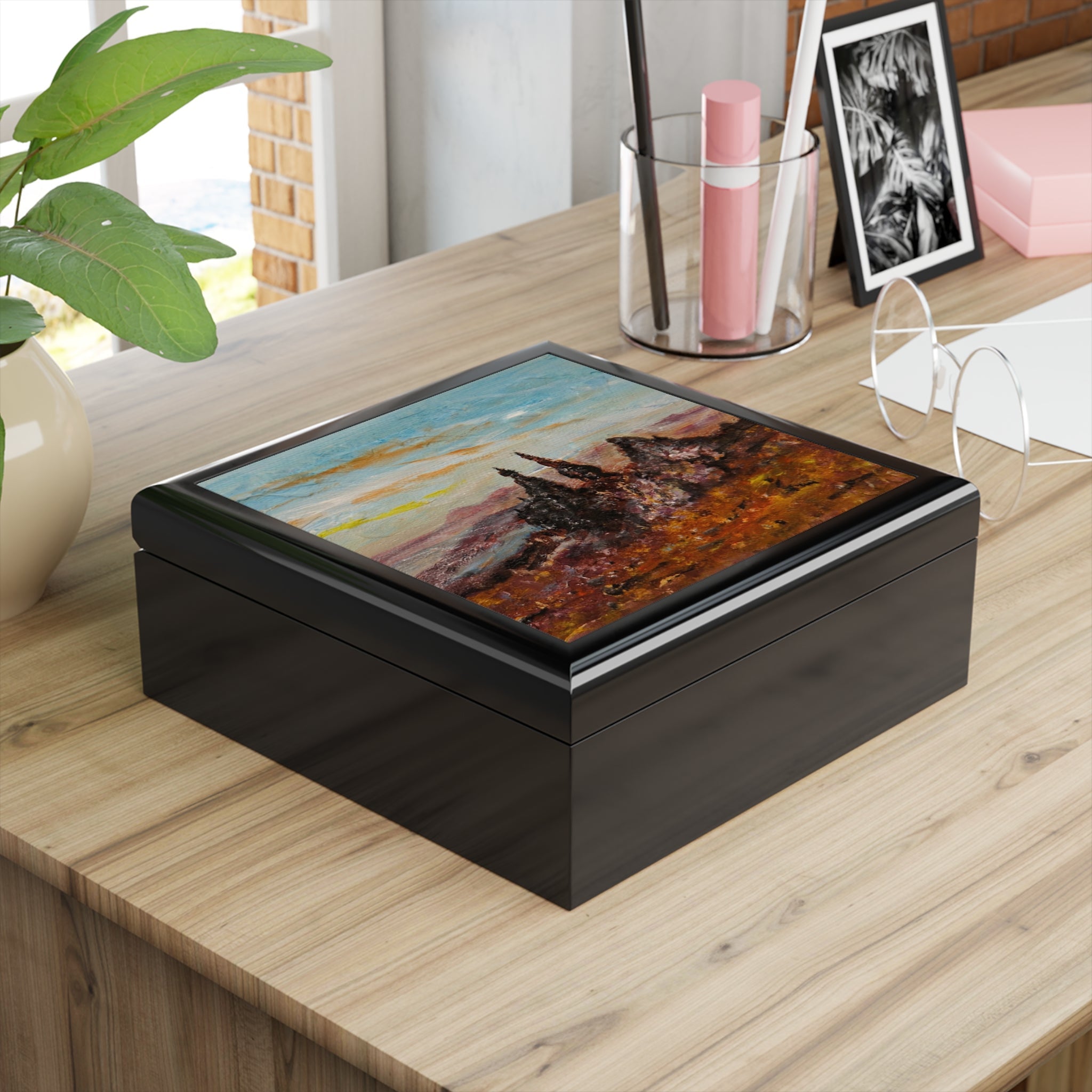 Rectangular wooden keepsake box with vibrant landscape painting of The Old Man Of Storr Skye