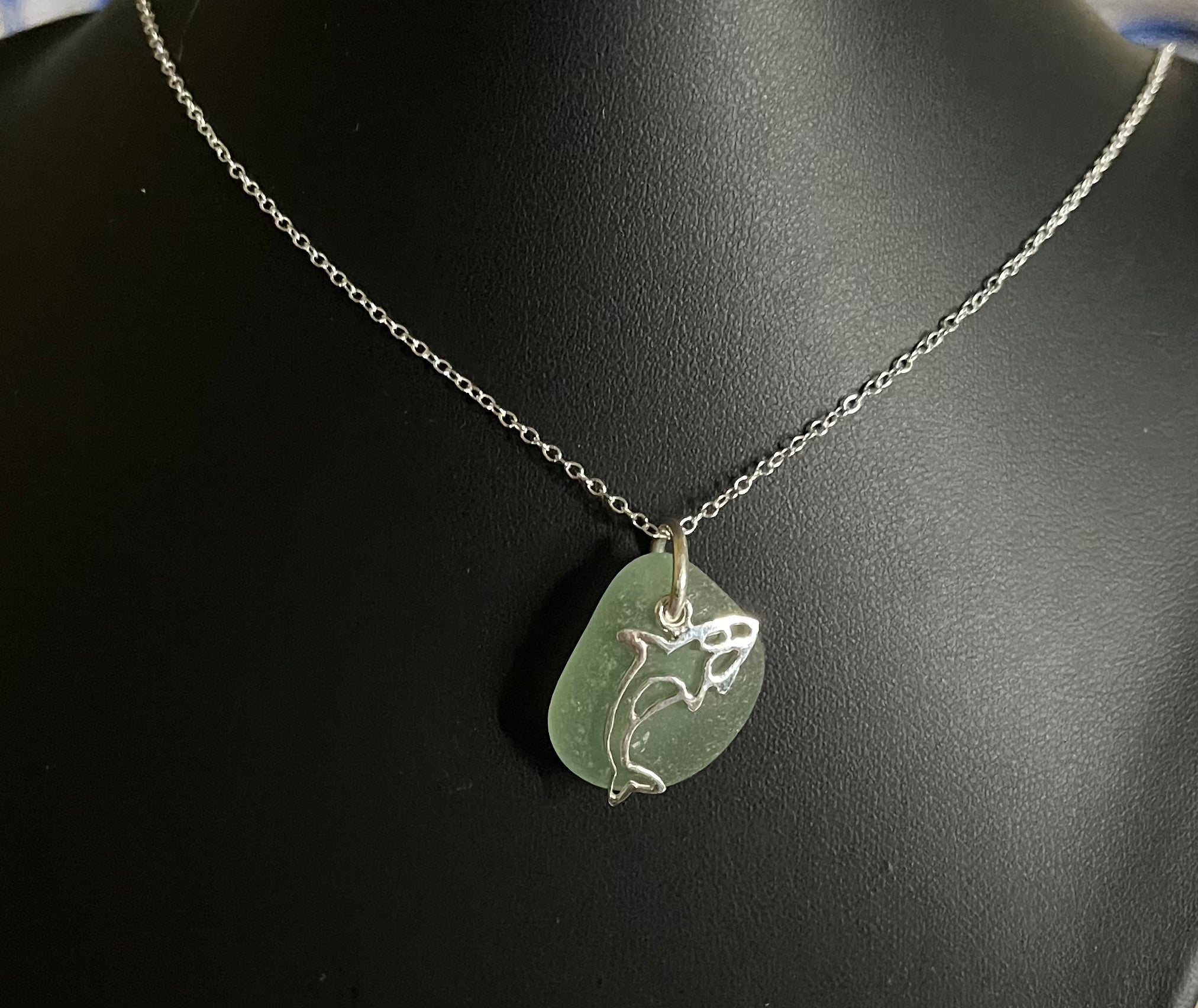 Delicate silver Orca Scottish seaglass pendant with engraved dolphin