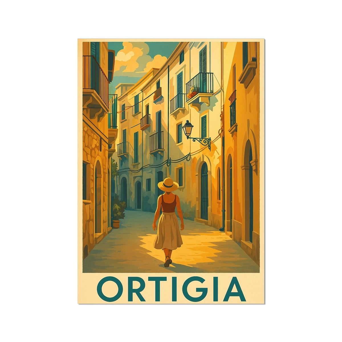 Vintage Ortigia poster: Woman in straw hat strolls sunlit stone street