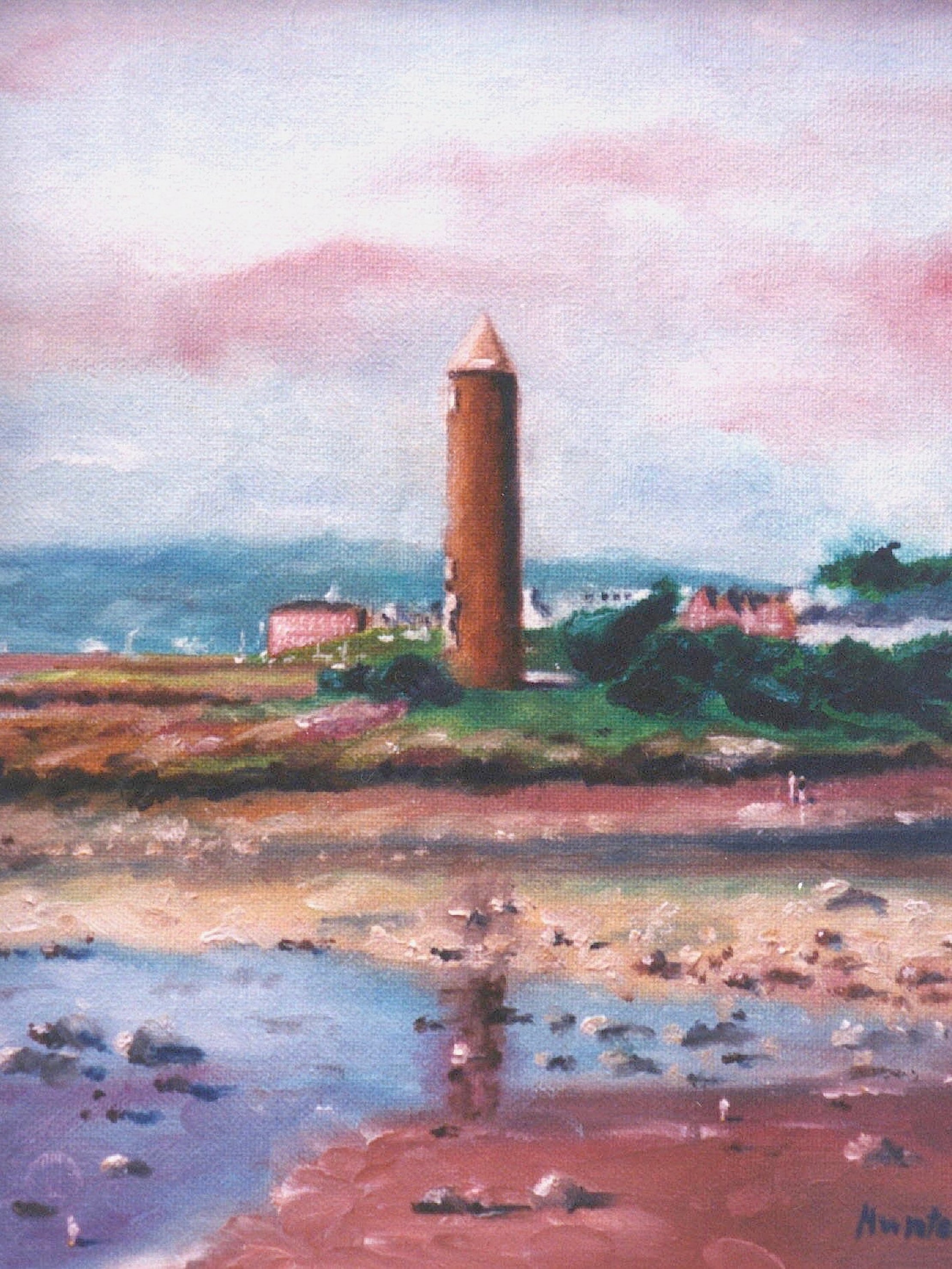 Pencil Point Largs Original Painting of a tall cylindrical tower by water under a pink and white sky