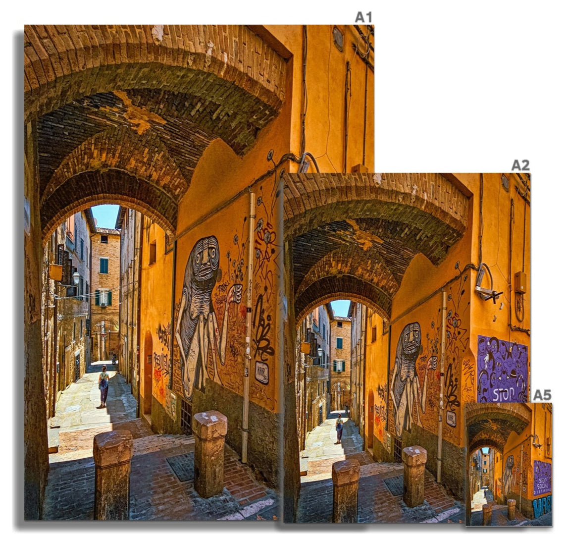 Vibrant sunlit Perugia backstreets with arched brick walkways and graffiti art