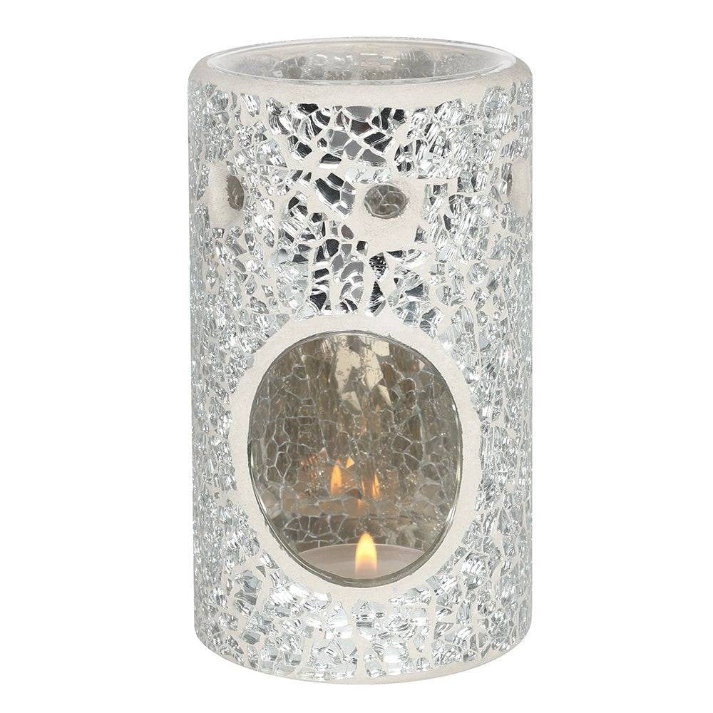 Silver mosaic glass pillar crackle wax burner with illuminated tealight