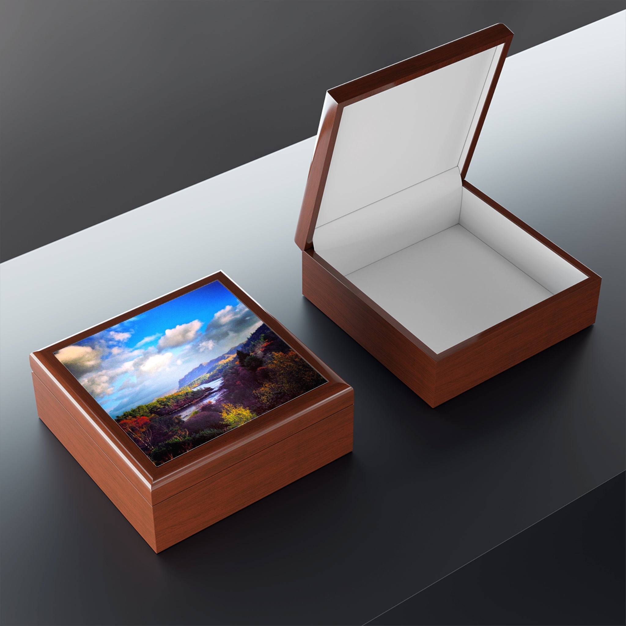 Plockton Art Jewellery Box Scotland with scenic top and open white interior jewelry storage