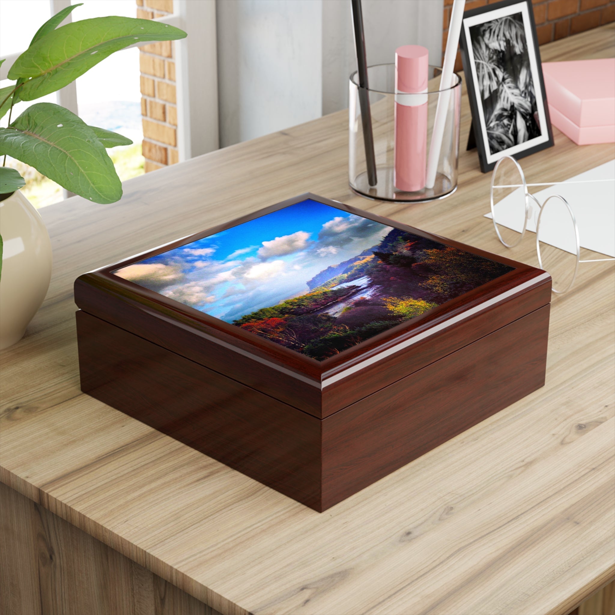 Rectangular wooden Plockton Art Jewellery Box with vibrant Scotland nature scene on lid