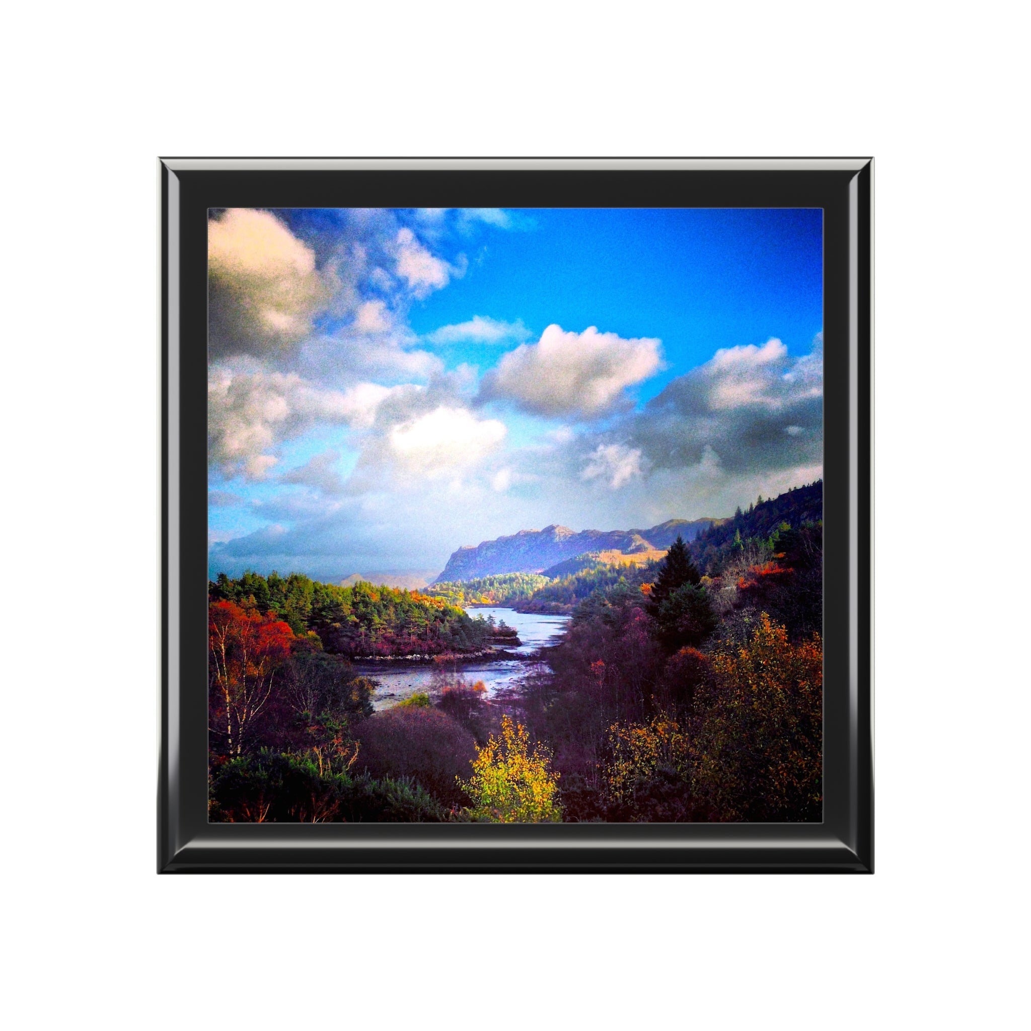 Framed autumn landscape print with river and mountains in Scotland for Plockton Art Jewellery Box